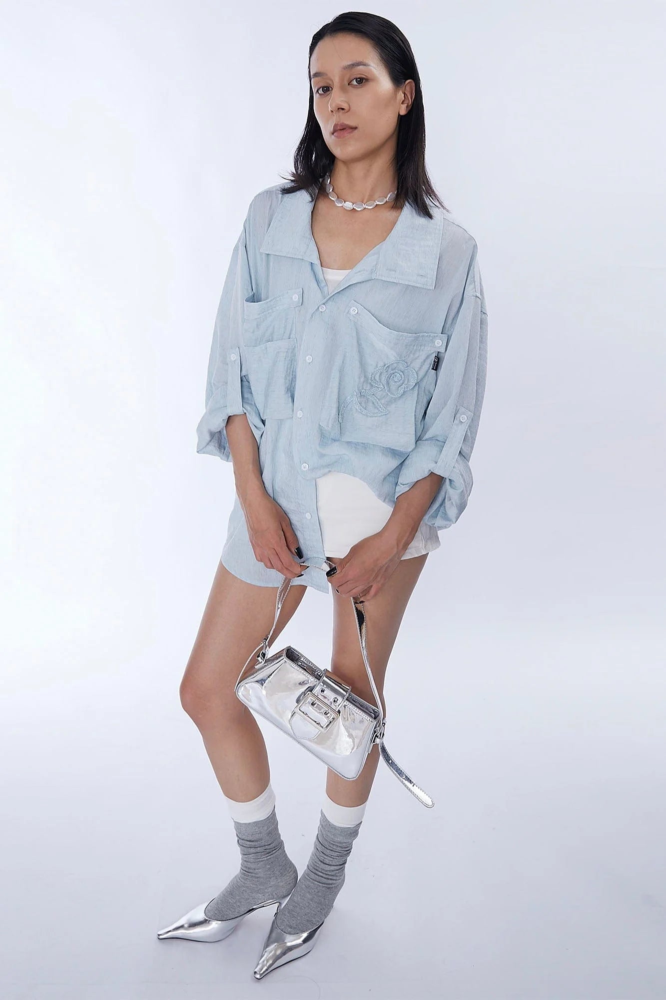 ASSEEN Rose Embroidered Pocket Linen-Blended Overshirt