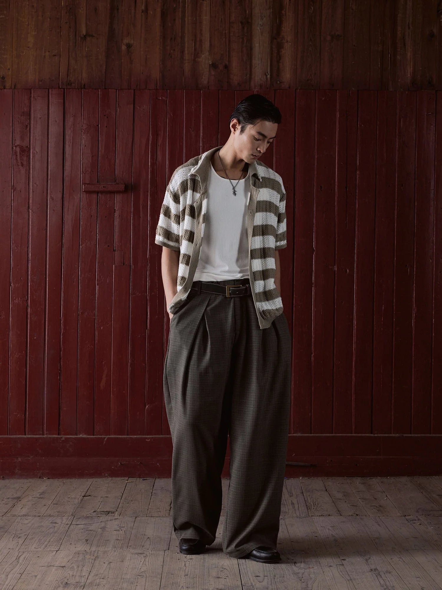 IN EXISTENCE Striped Openwork Jacquard Knitted Polo Cardigan