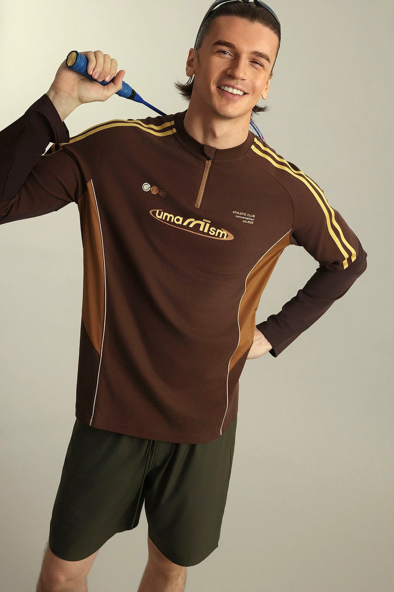 UMAMIISM Contrast Stripe Mesh-Panel Quick-Dry Long-Sleeve Tee