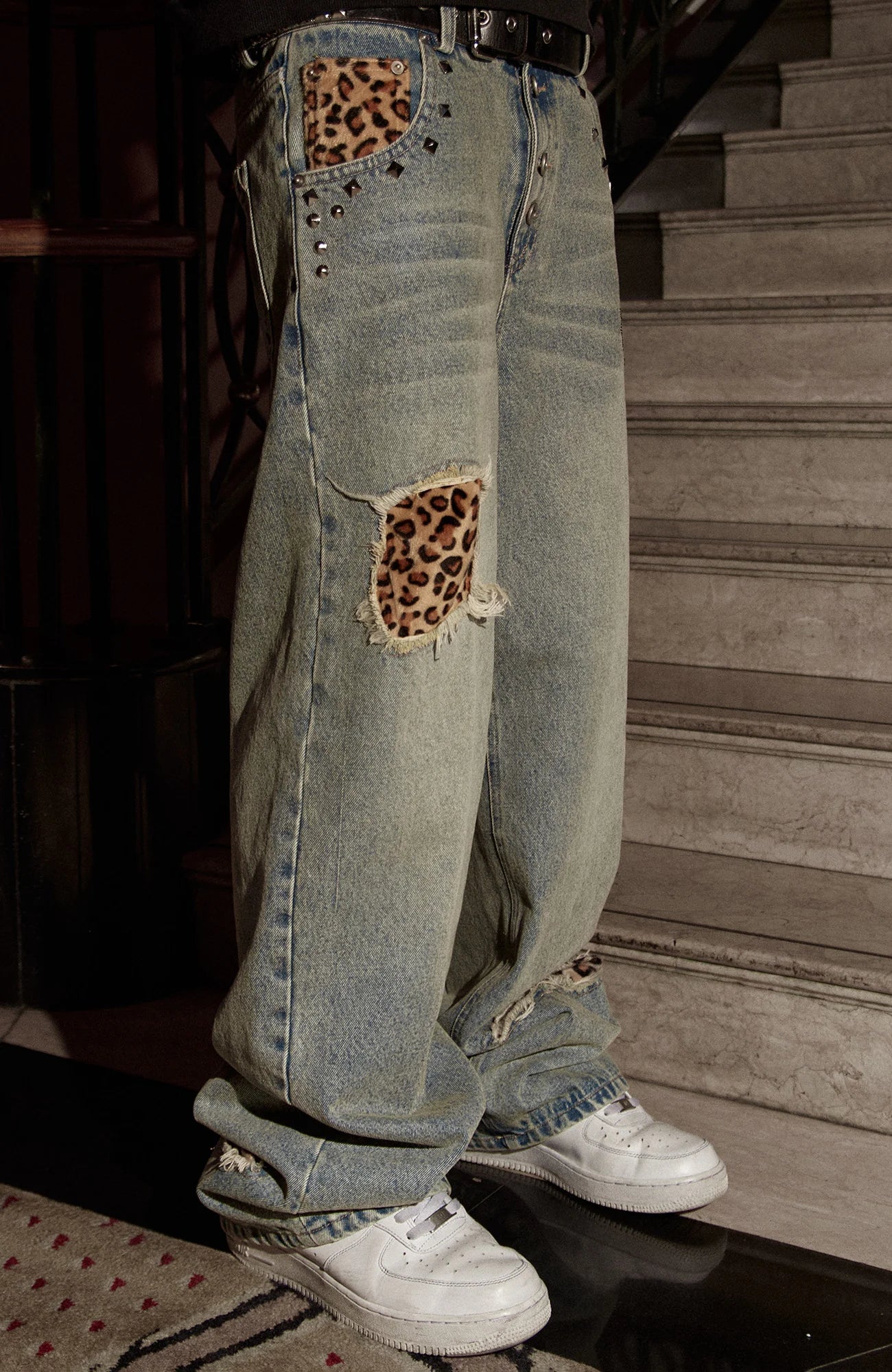 PHANTOMHUNTER Washed Leopard Patch Baggy Jeans