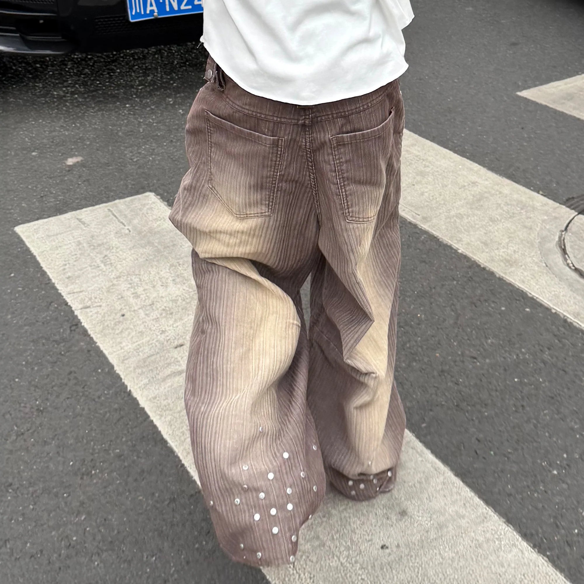 STEEPC Washed Striped Corduroy Studded Wide-Leg Pants