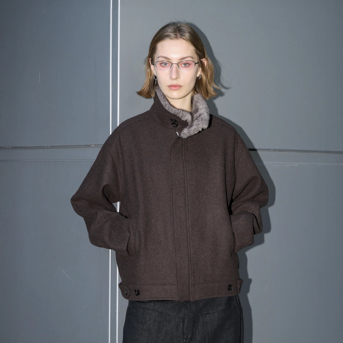 LABELROOM Modern Faux-Fur Collar Wool Jacket Brown