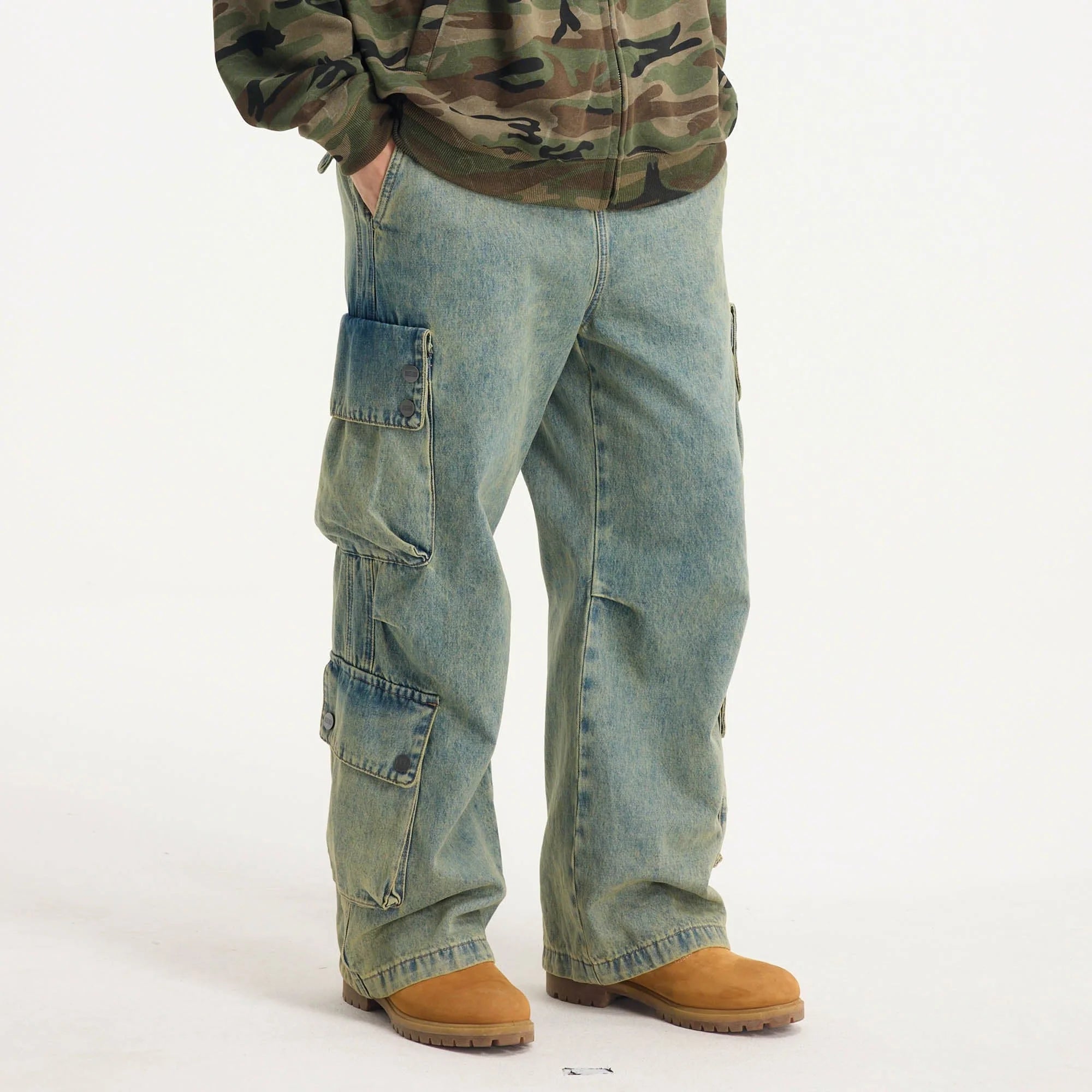 BONELESS Distressed Multi-Pocket Drawstring Cargo Jeans