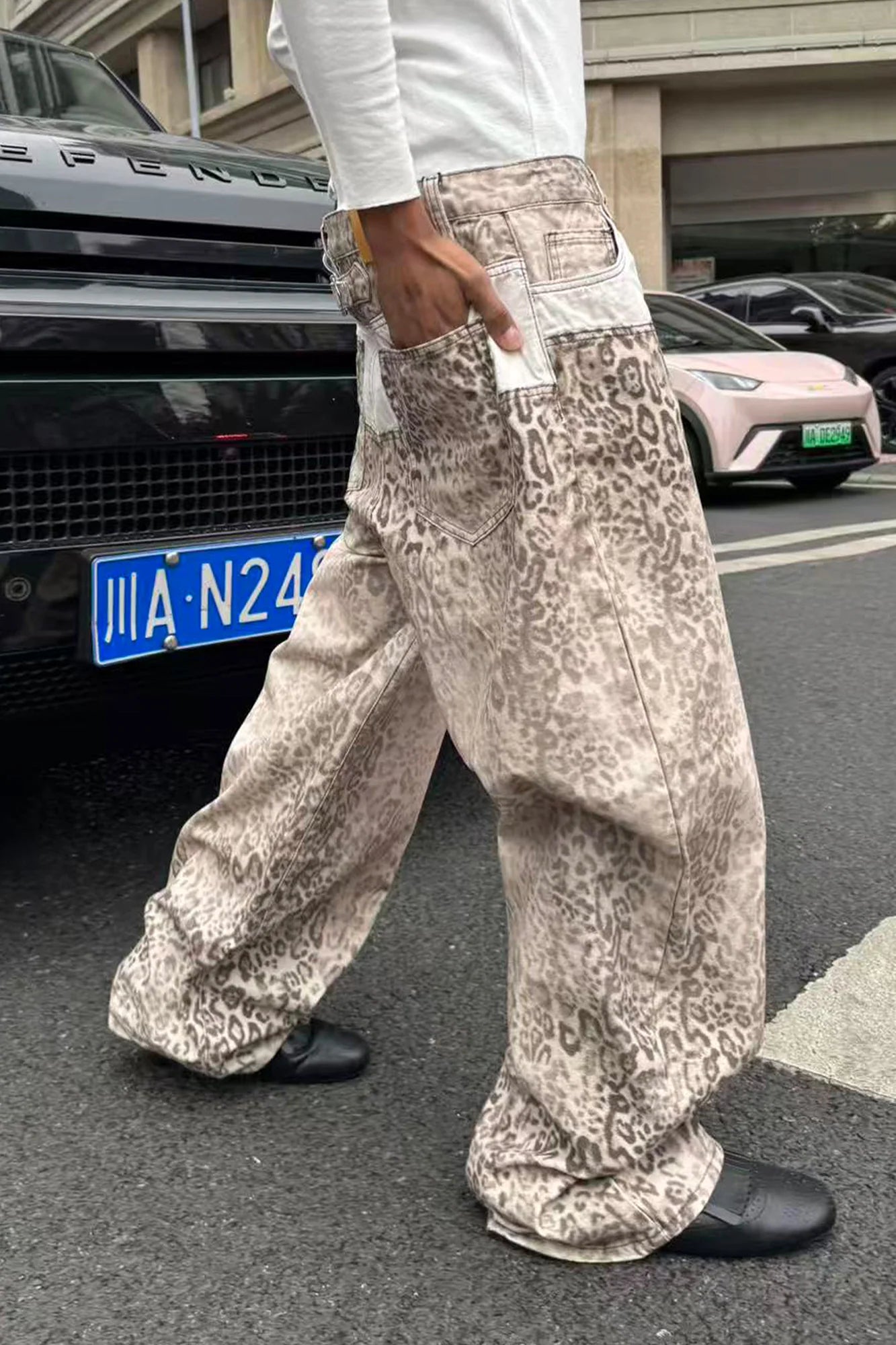 STEEPC Leopard Washed Paneled Wide-Leg Pants
