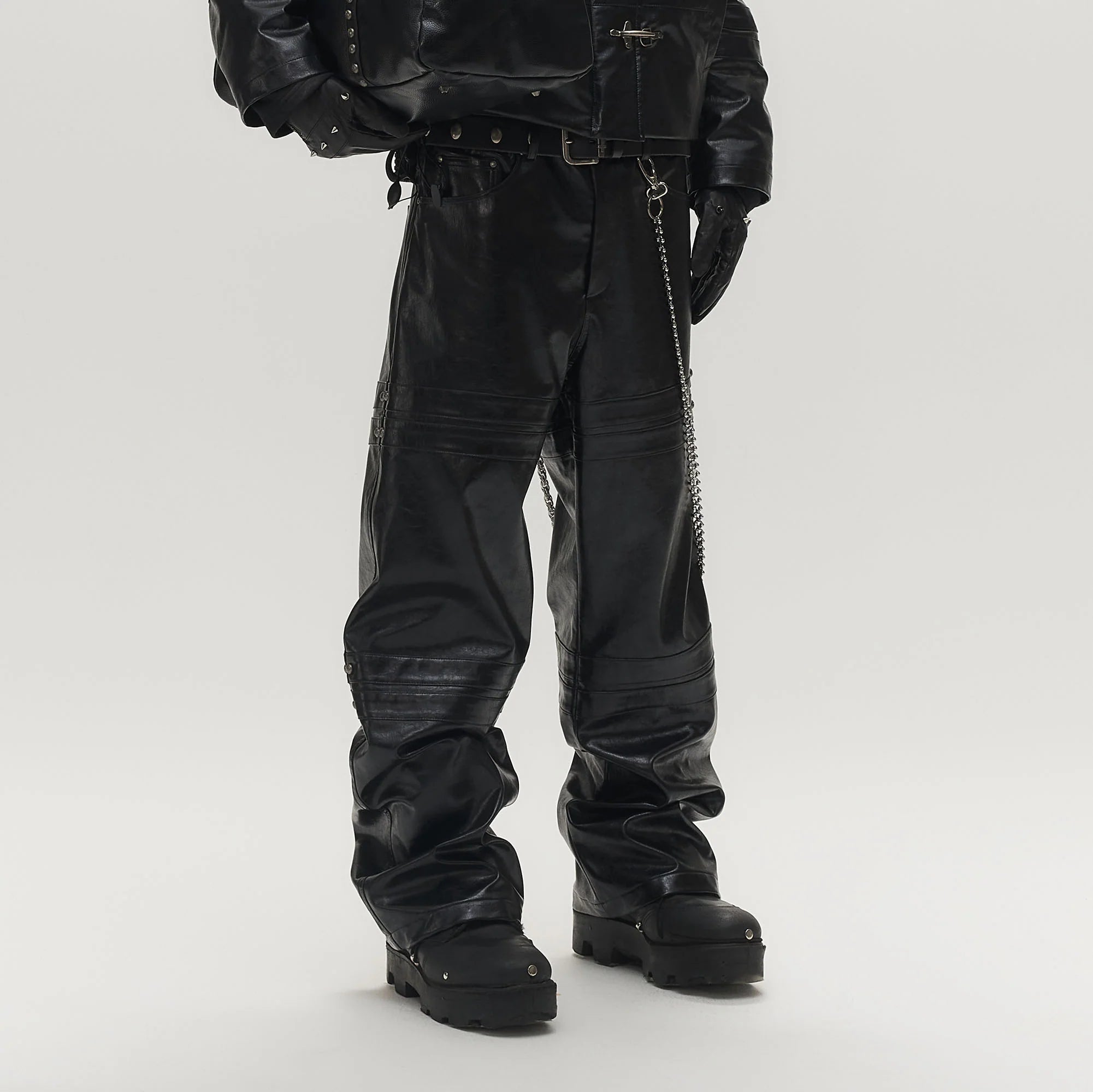 SAVAGEGROWTHWORLD Faux Leather Panel Rivet Pants