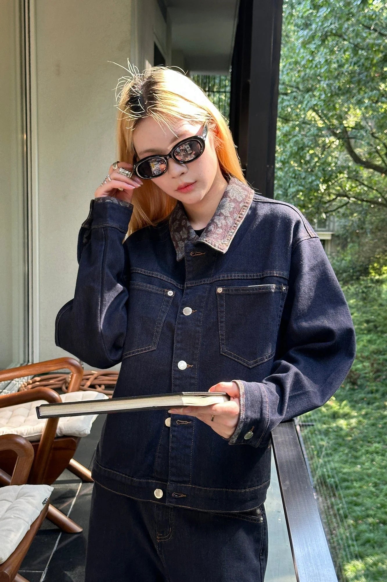 OKAYTHXBYE Floral-Lined Denim Jacket