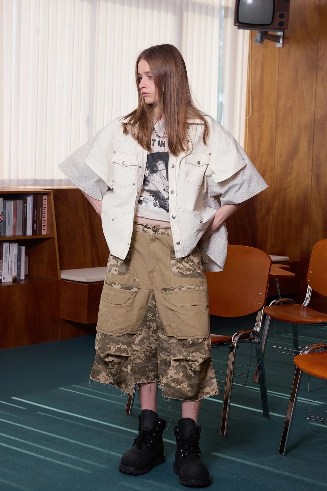 ERROR CODE ROBOT Washed Paneled Frayed-Hem Camo Cargo Shorts