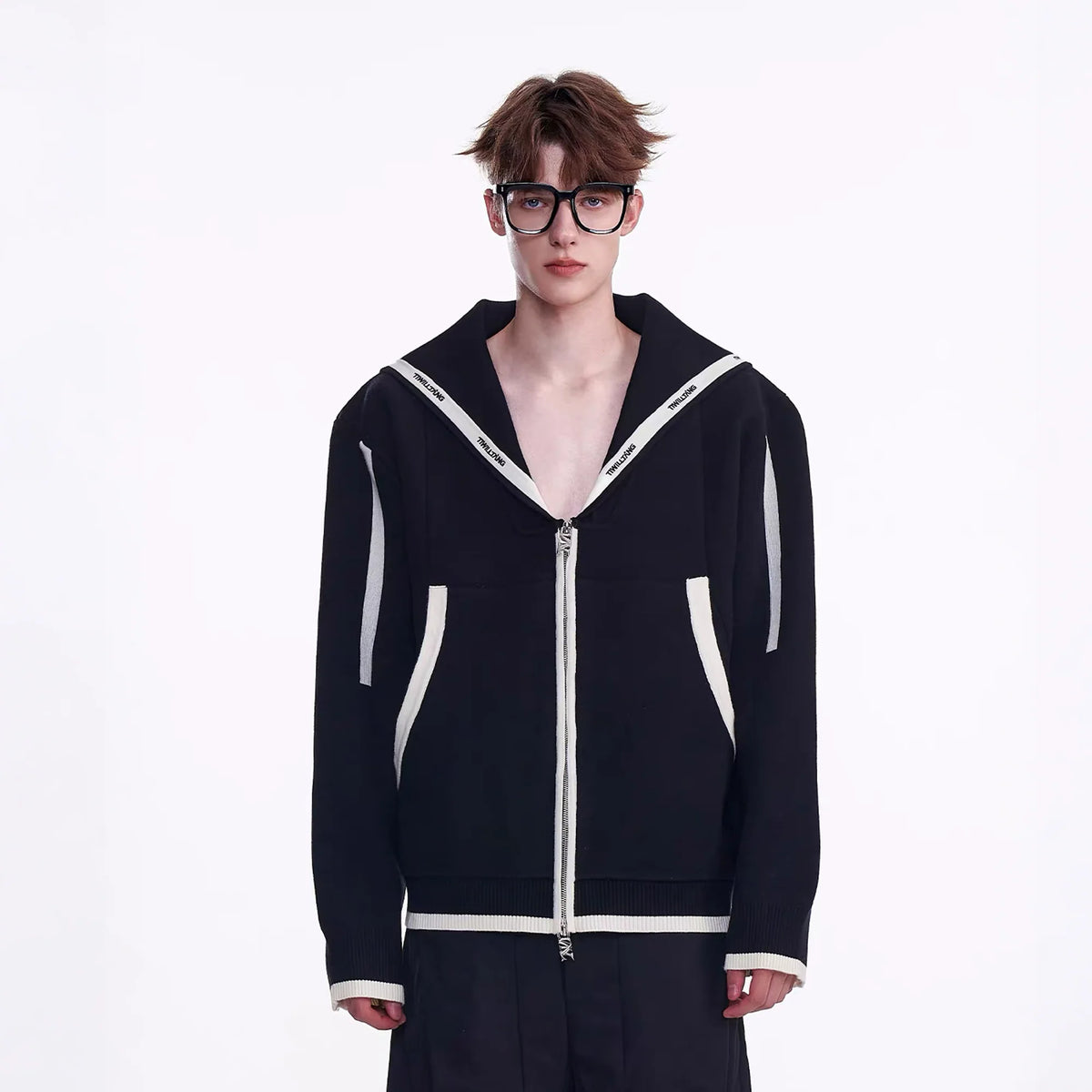 TIWILLTANG Contrast-Trim Sailor-Collar Jacket