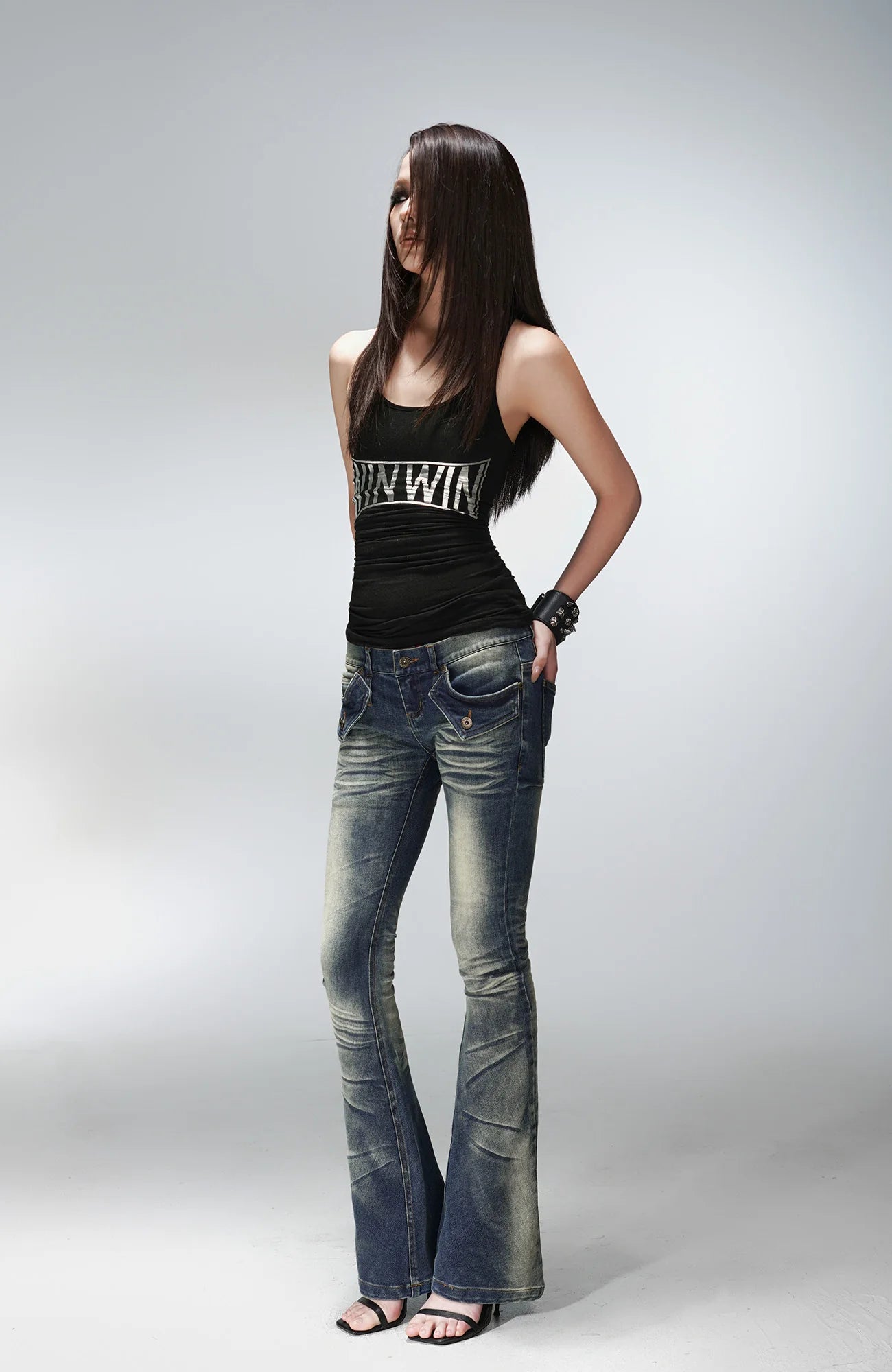 PCCVISION Washed Flap Pockets Slim Flared Jeans