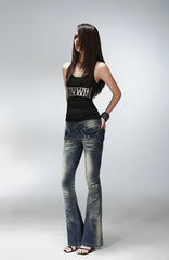 PCCVISION Washed Flap Pockets Slim Flared Jeans