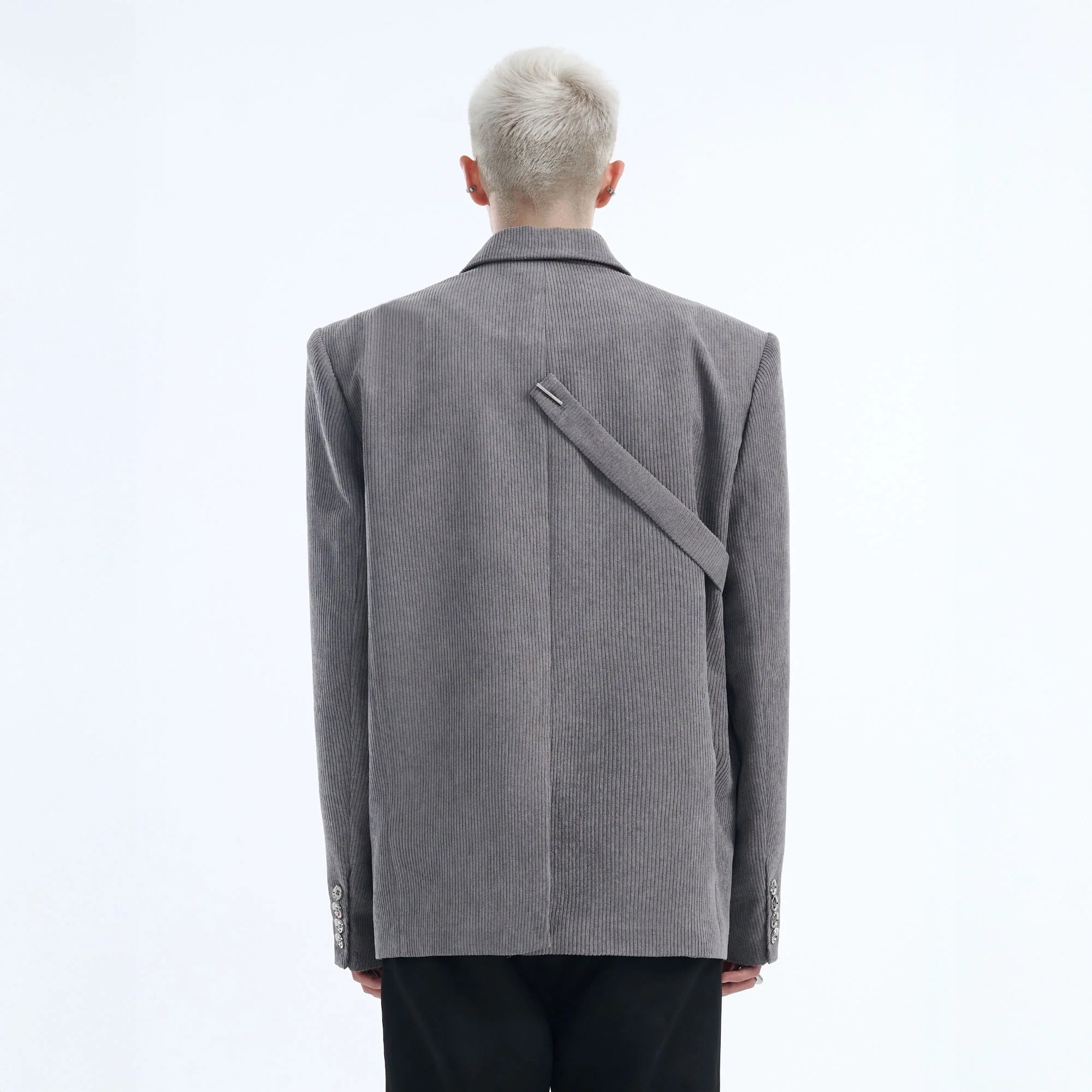 TIWILLTANG Asymmetrical Strap Pearl-Chain Corduroy Blazer