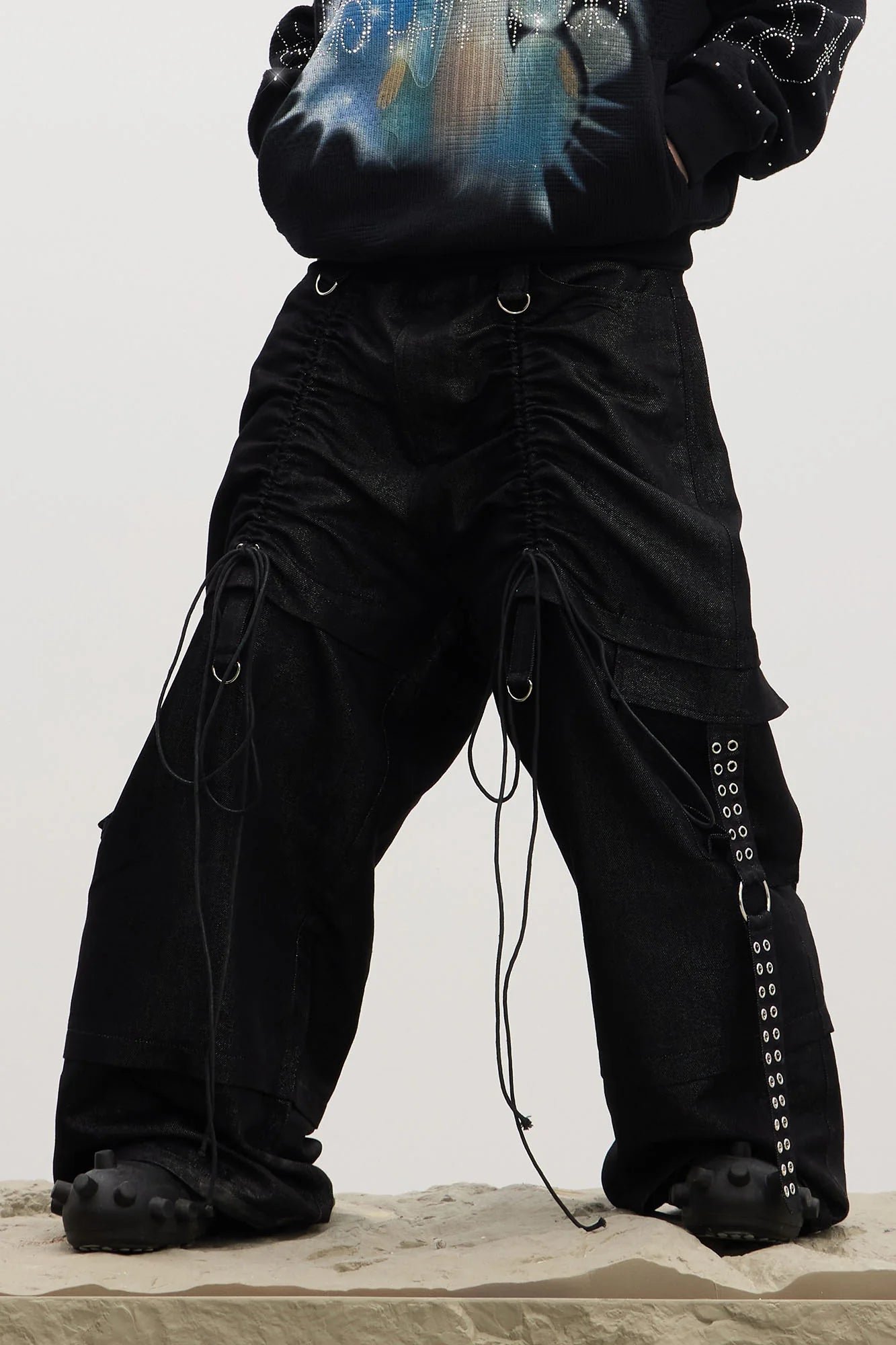 DND4DES Drawstring Ruched Coated Cargo Jeans