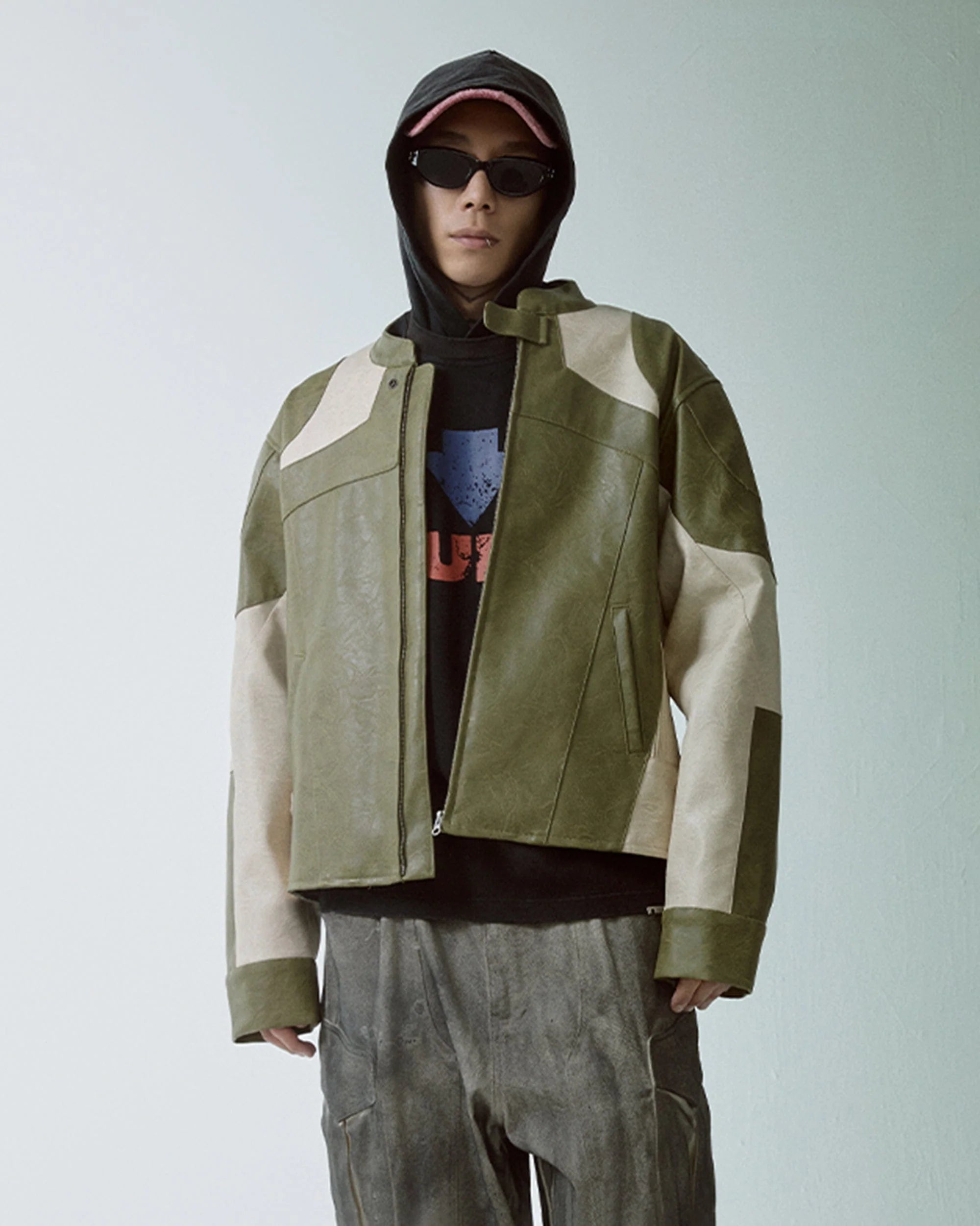 F2CE Modern Deconstructed Faux Leather Biker Jacket