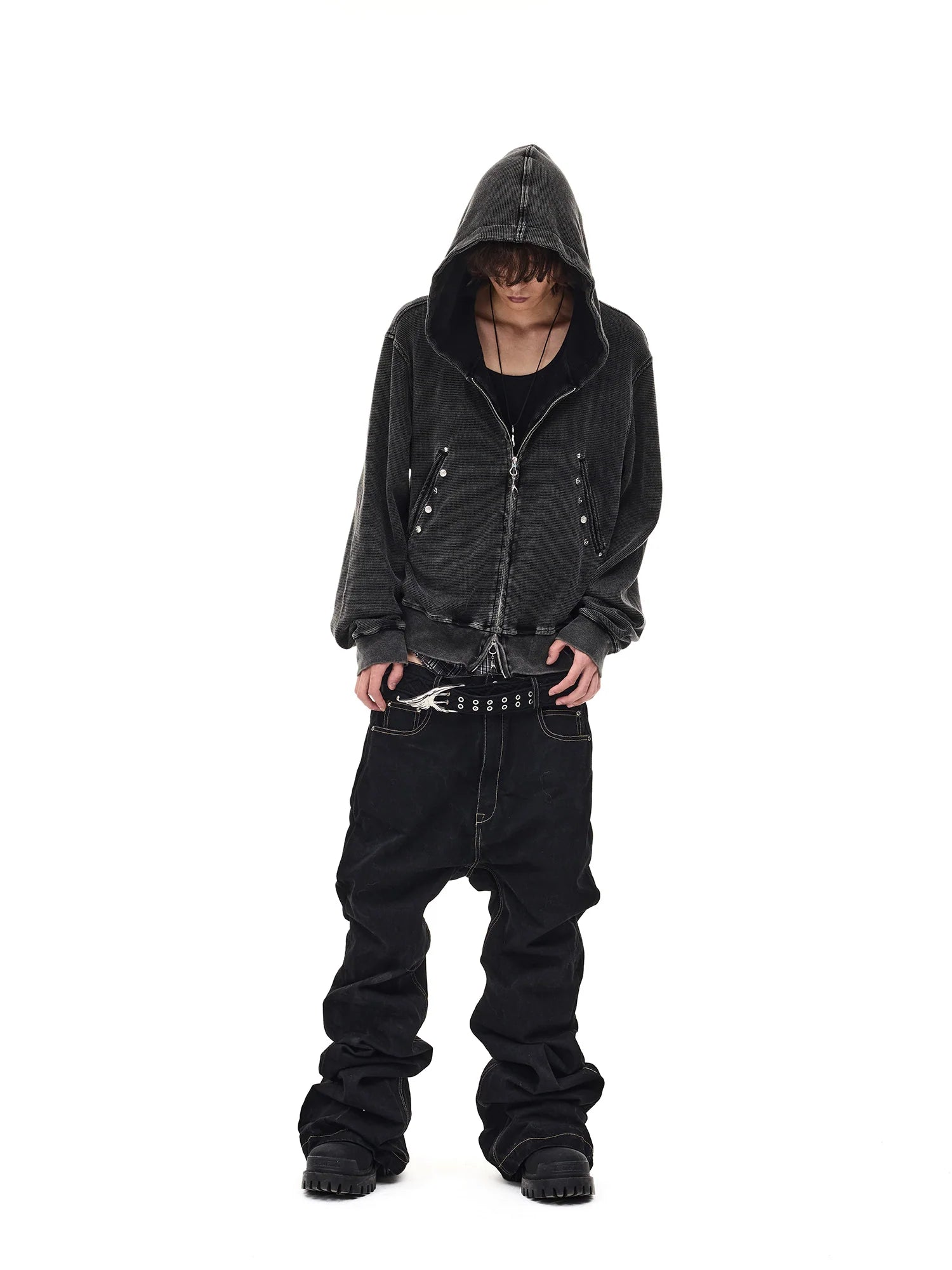 WHISTLEHUNTER Washed Waffle Studded Zip-Up Hoodie