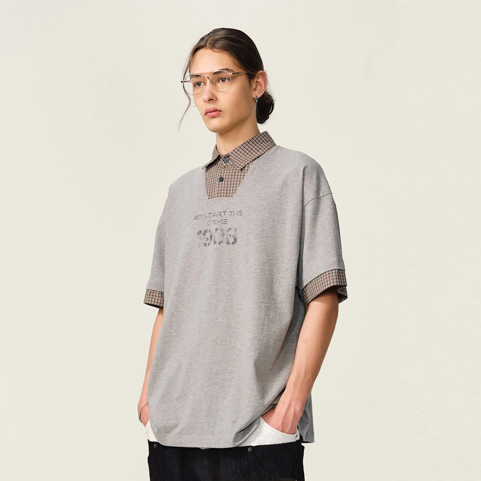 OVDY Layered Plaid Panel Mock Shirt T-Shirt