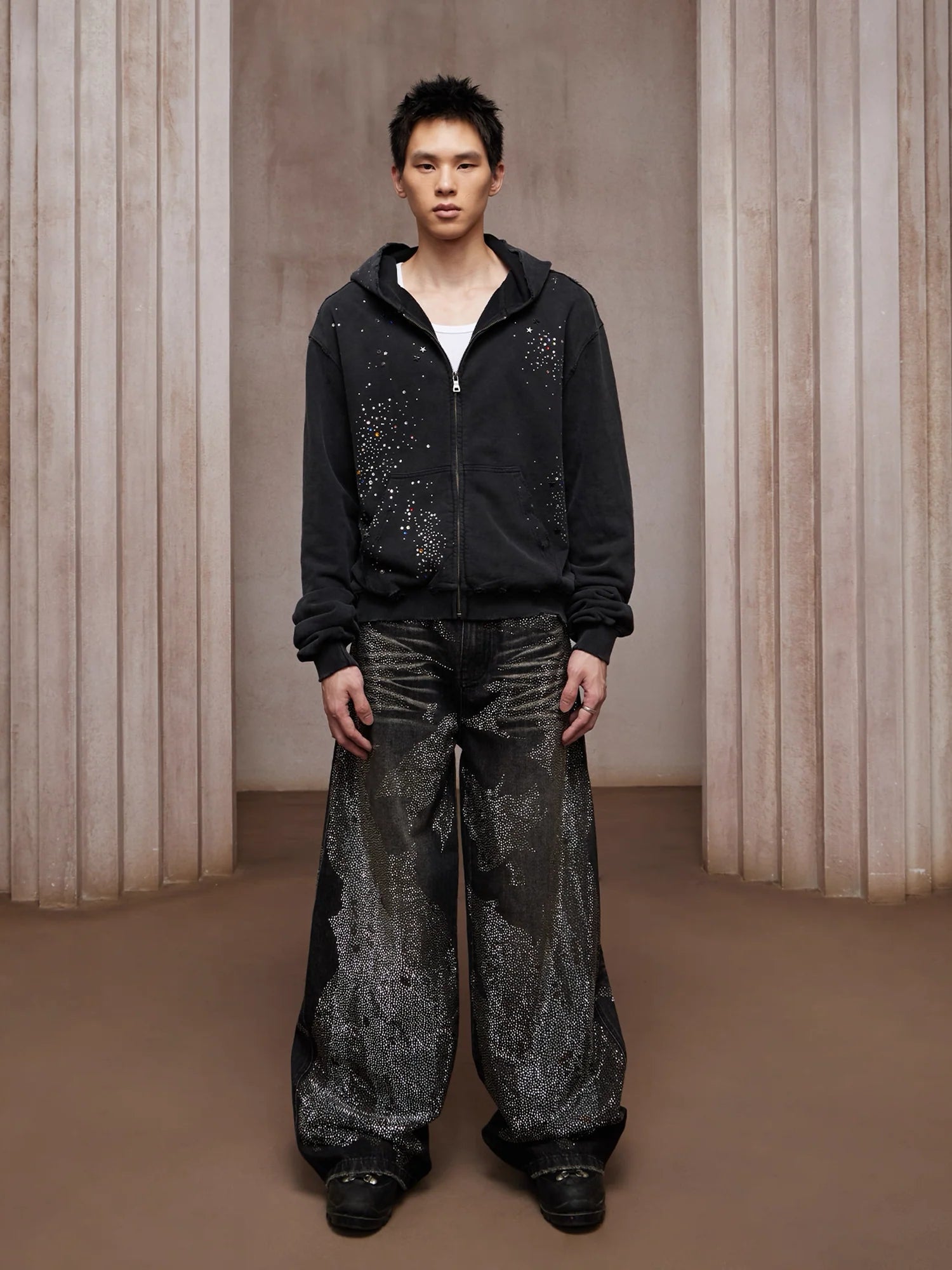 DND4DES Dirty-Washed Diamond Wide-Leg Jeans Black