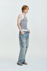 LEONSENSE Washed Ripped Frayed Straight-Leg Jeans