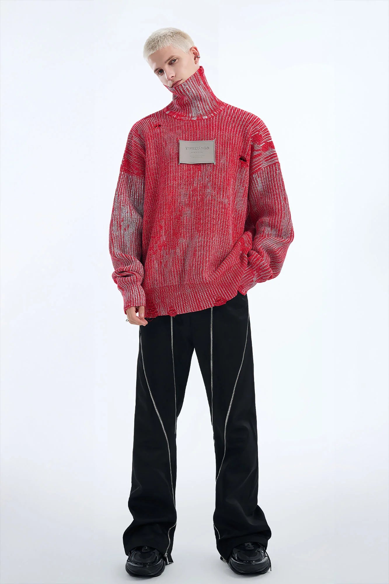 TIWILLTANG Distressed Foil High-Neck Sweater