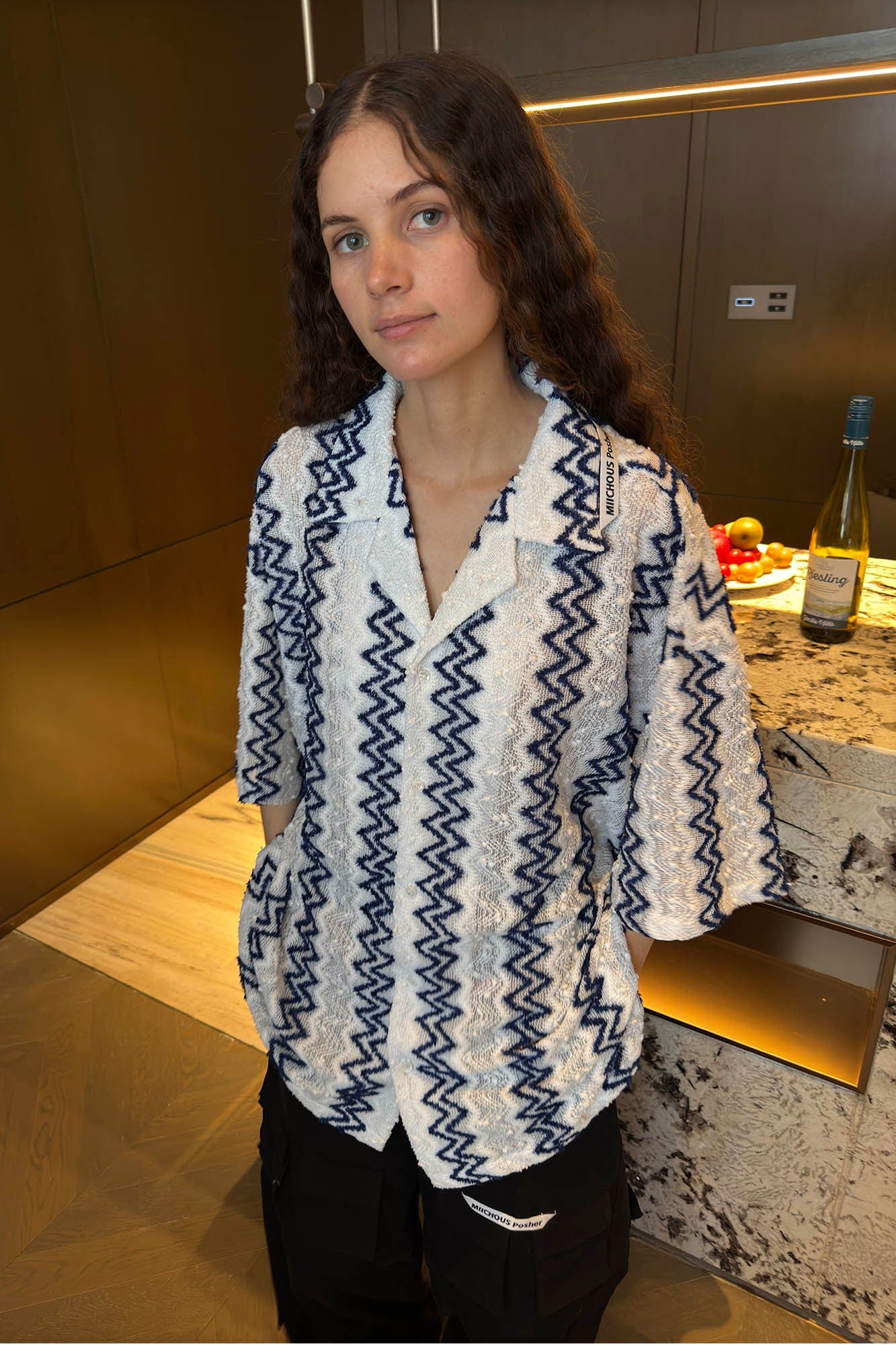 MIICHOUS Geometric Ripple Jacquard Oversized Half Shirt