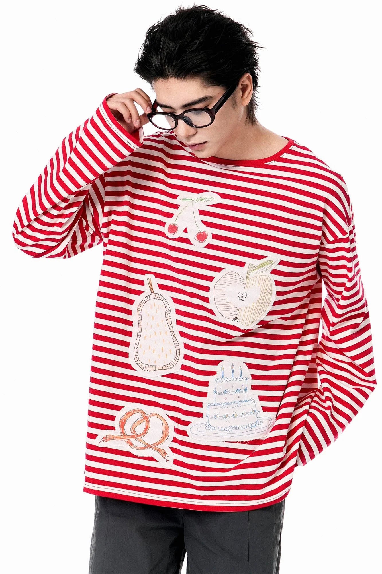 OIPWORD Snack Patchwork Striped Long-Sleeve Tee