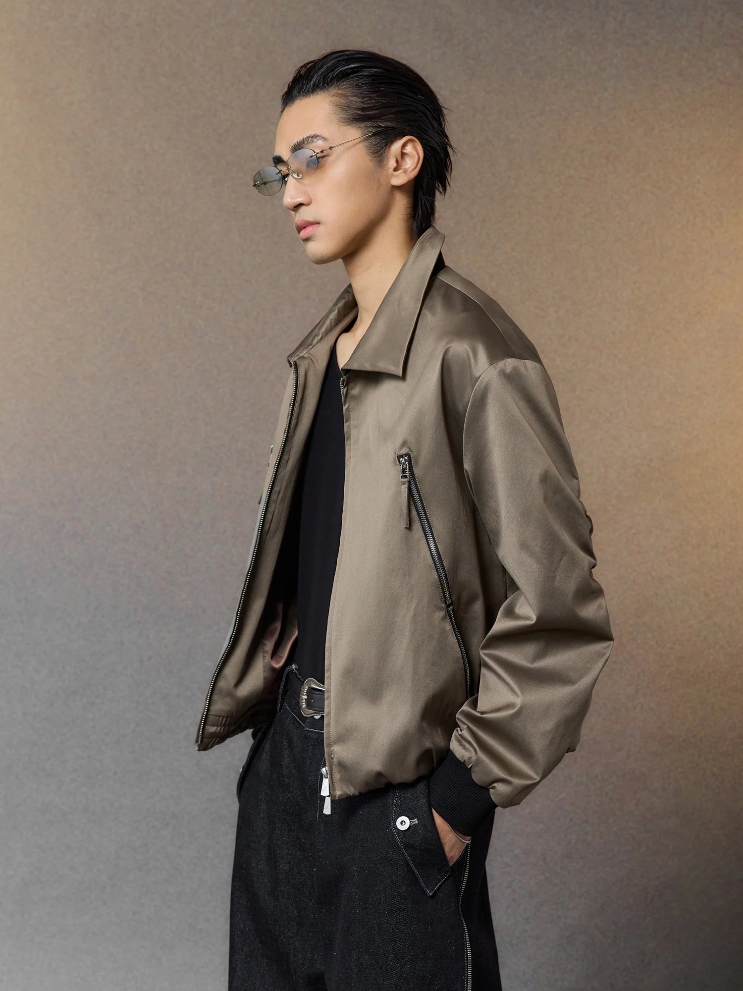 ALVNG AR ANTS Ruched-Sleeve Dual-Zips Bomber Jacket