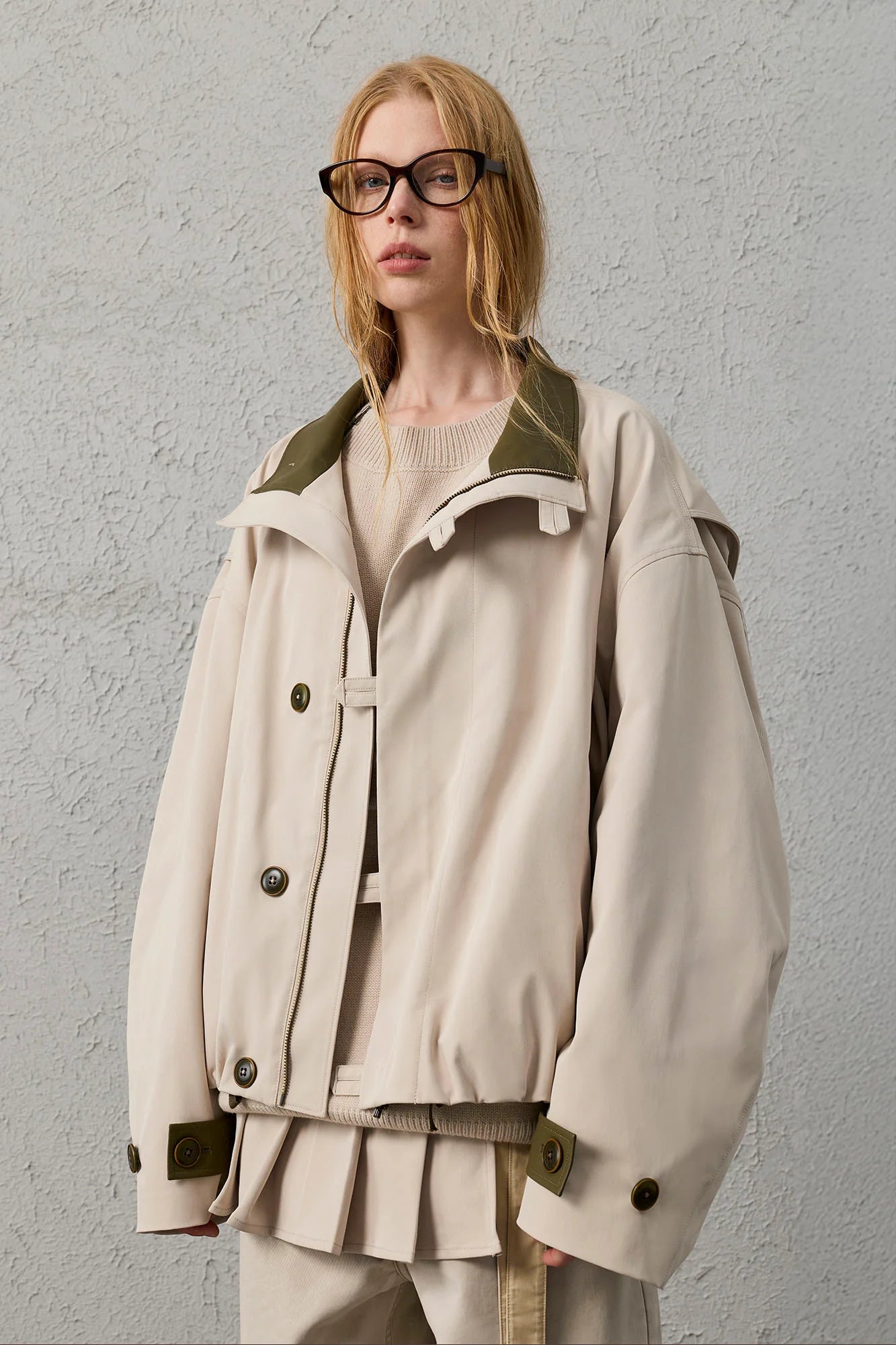 ORGANIC EMOTION Stand Collar PU Drawstring Jacket