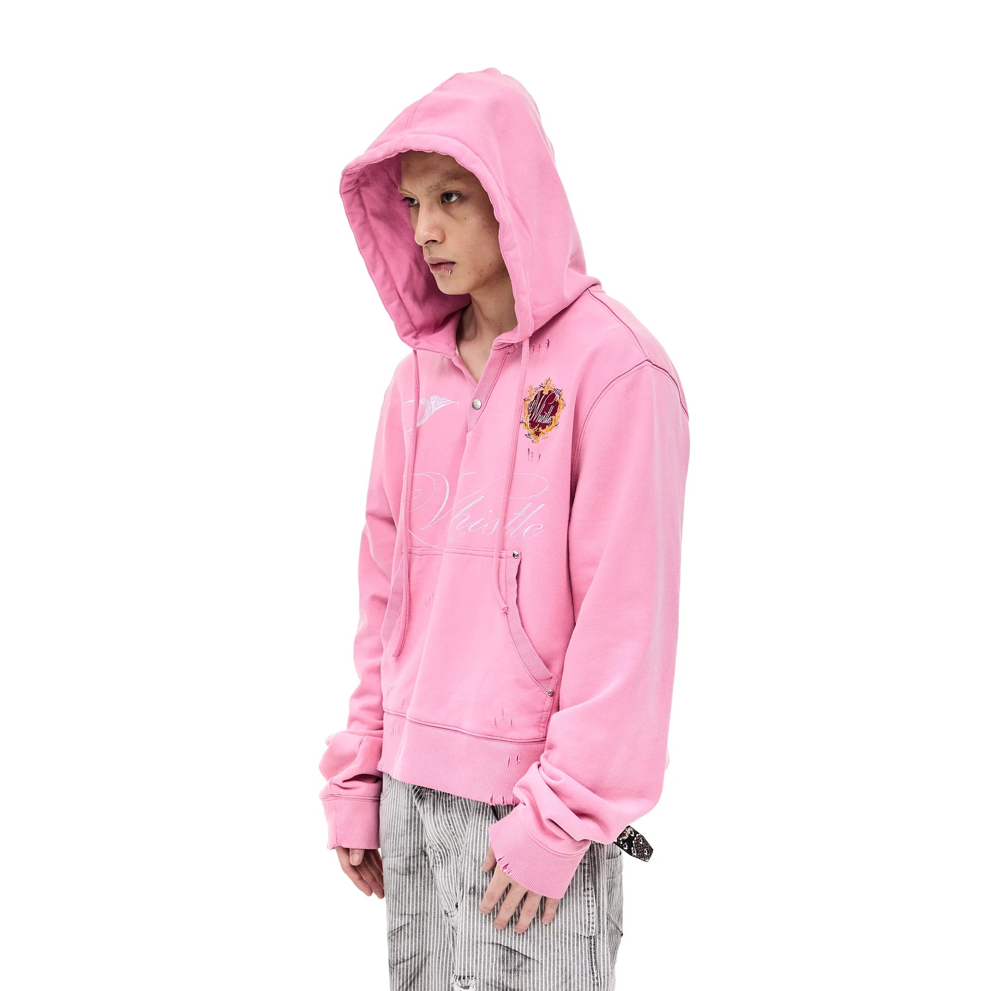WHISTLEHUNTER Distressed Embroidered V-Neck Hoodie