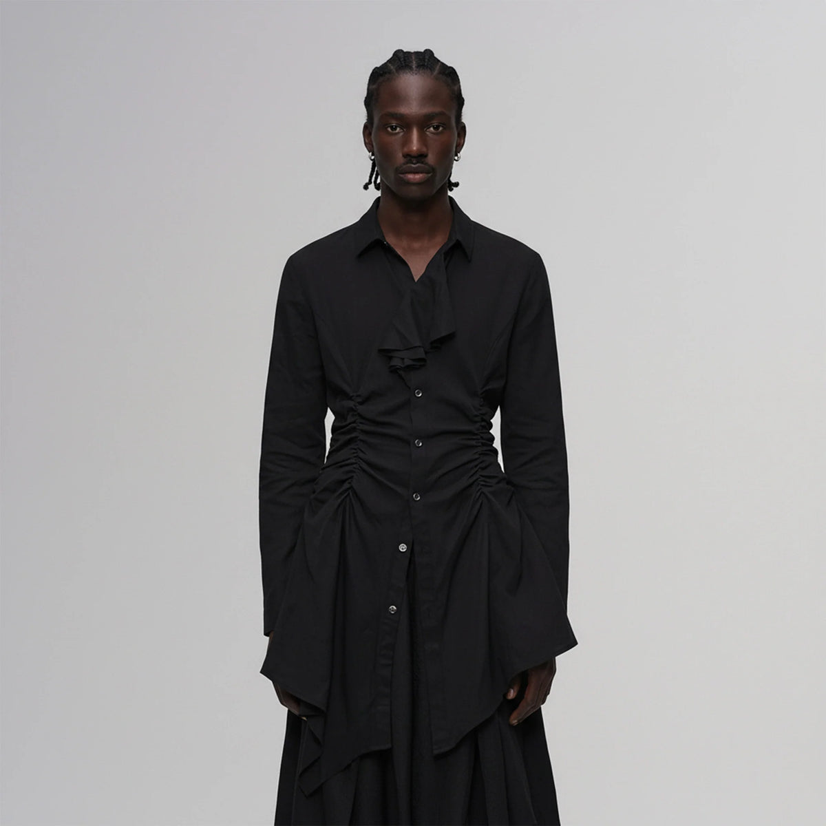 ILNya Nieternite Nifutur Asymmetric Ruched Waist Ruffle-Neck Long Shirt Black