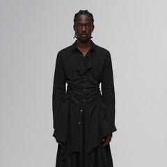 ILNya Nieternite Nifutur Asymmetric Ruched Waist Ruffle-Neck Long Shirt Black