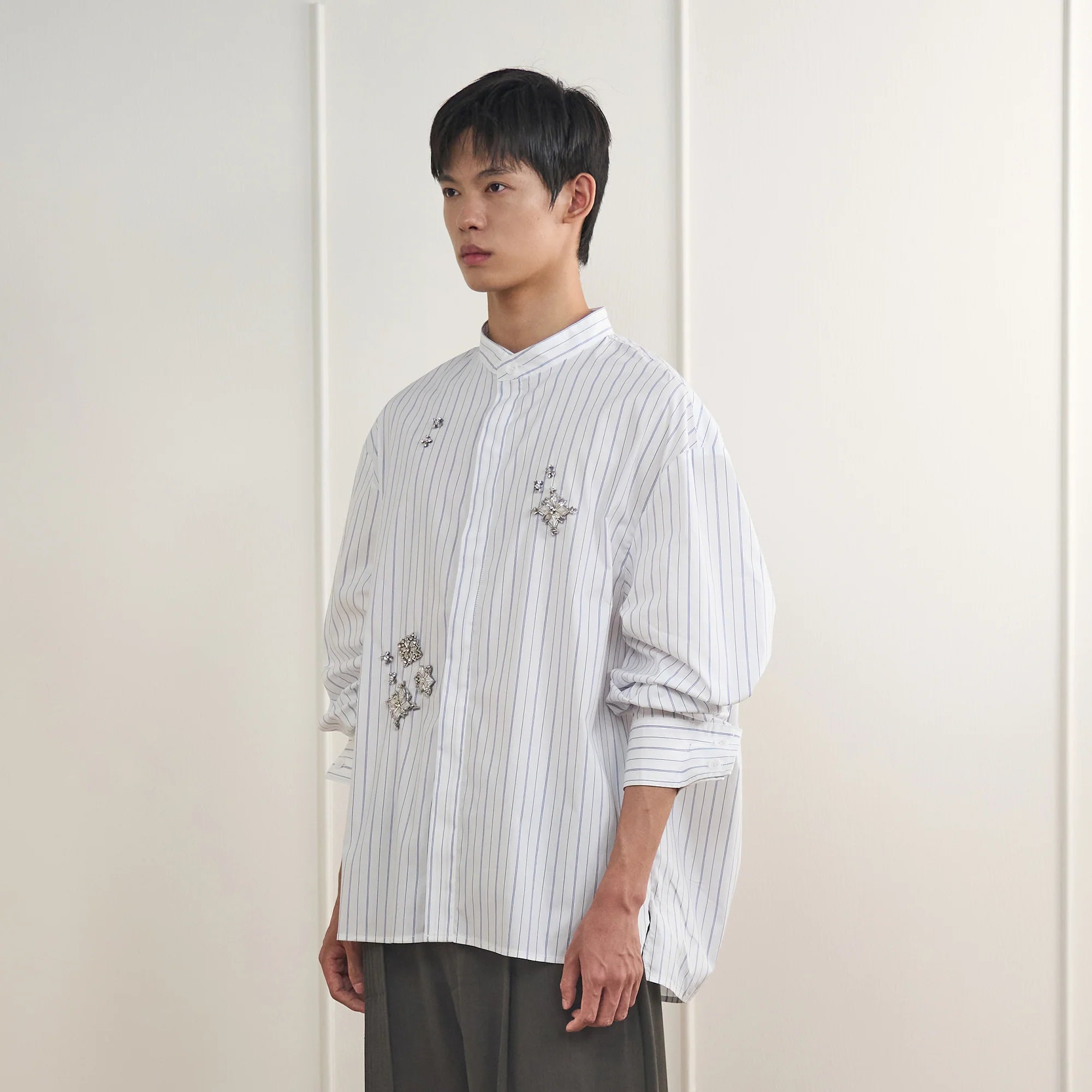 ORAL UTOPIA Silver Embellished Striped Mandarin Collar Shirt