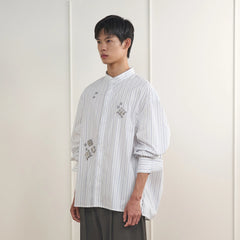 ORAL UTOPIA Silver Embellished Striped Mandarin Collar Shirt