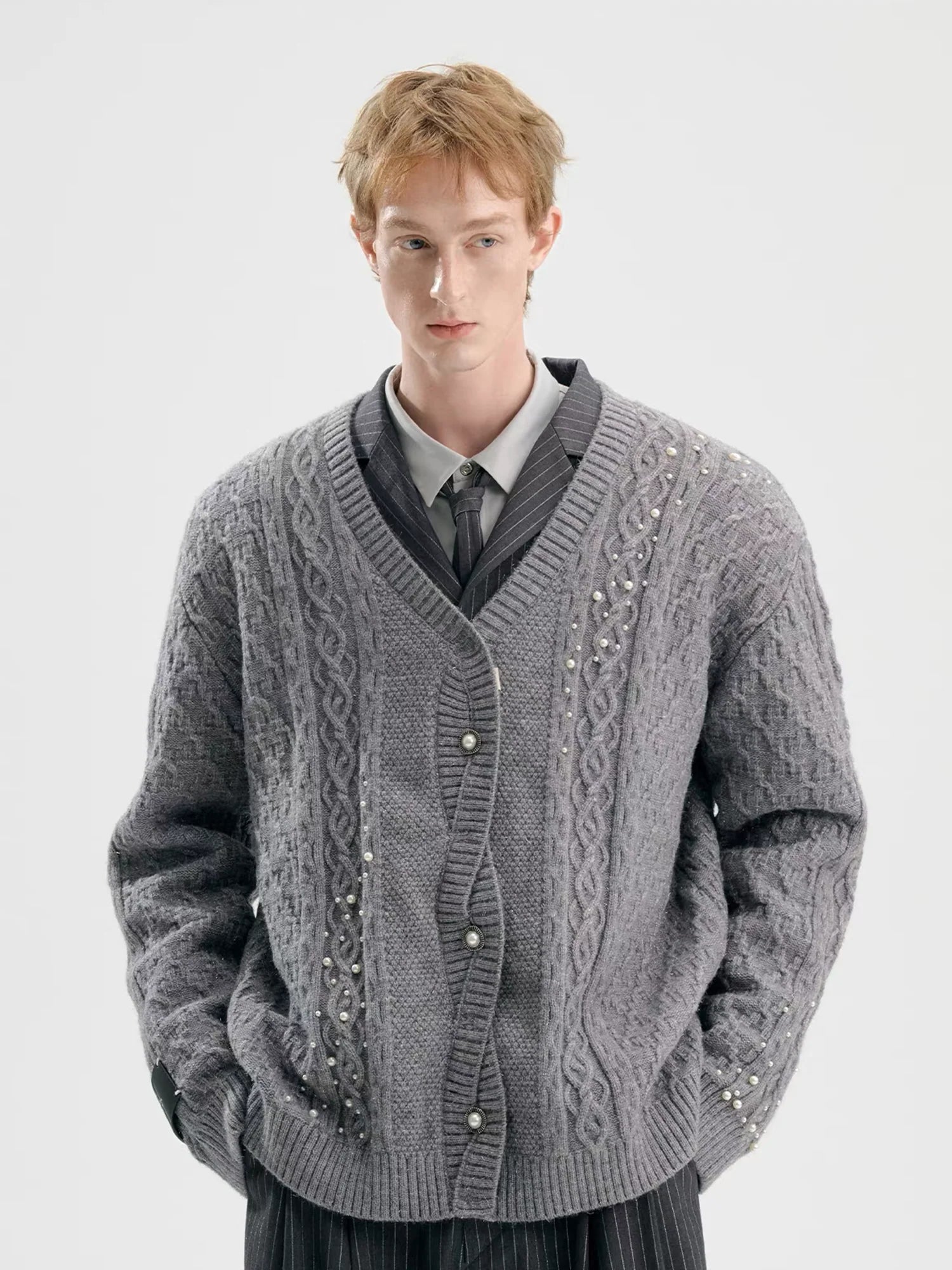 TIWILLTANG Pearl-Embellished Cable Knit Cardigan