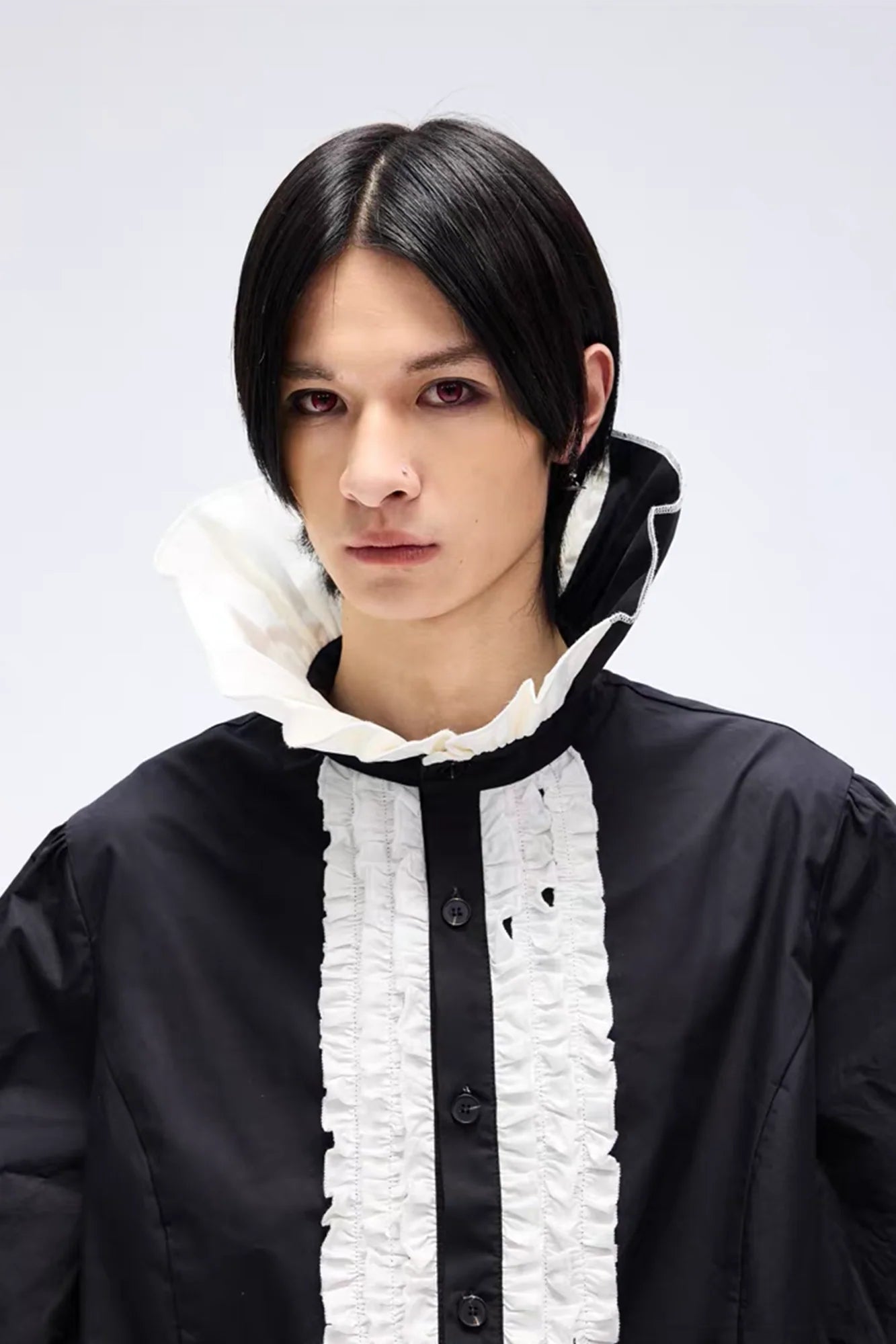 NOTHINGNESS WORLD Ruffle Bib Handkerchief-Hem Oversized Shirt