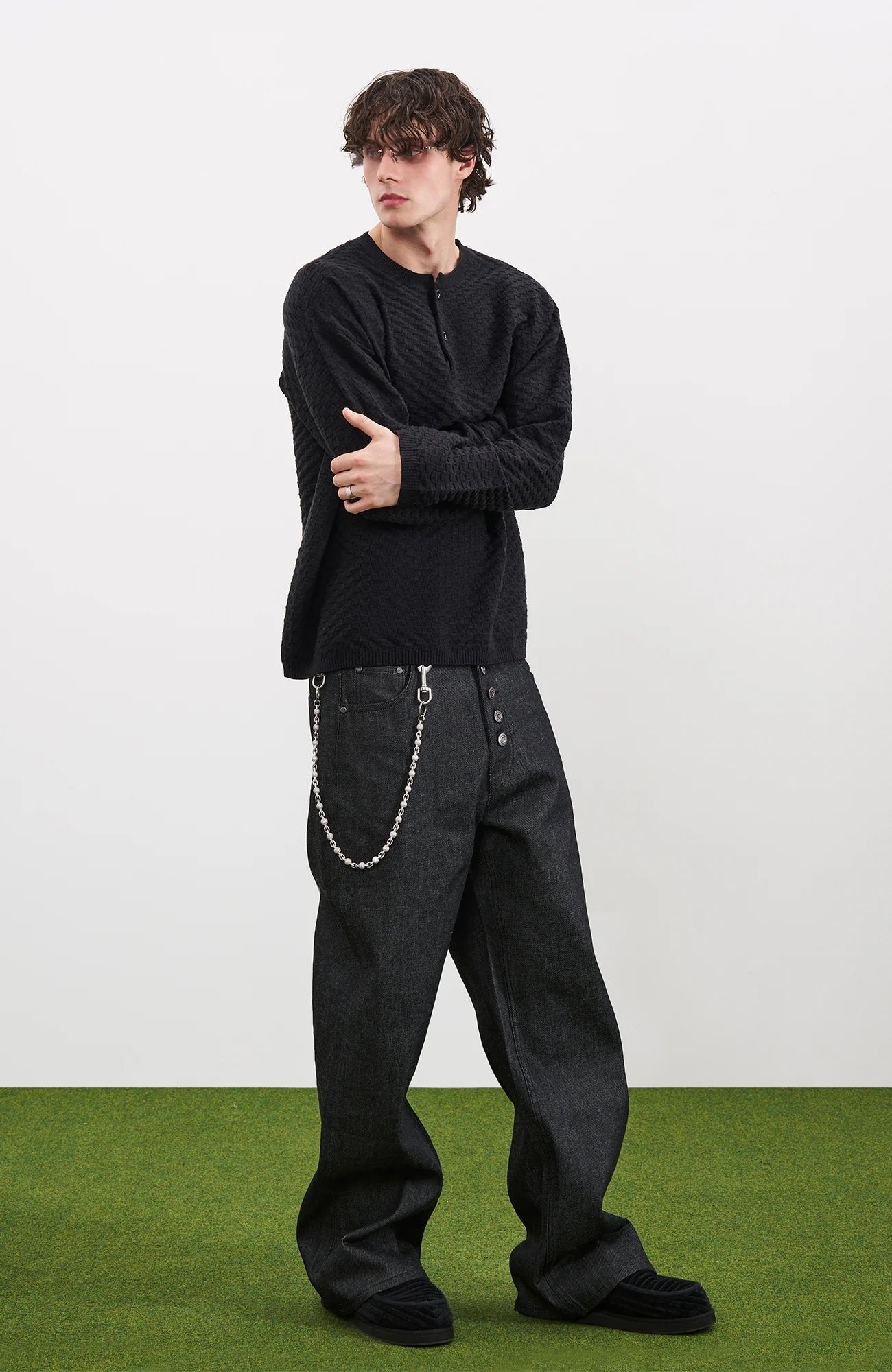 PMW Drop-Shoulder Waffle Henley Sweater