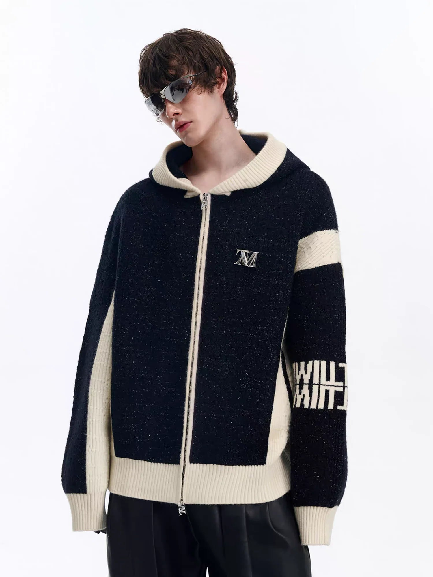 TIWILLTANG Contrast Trim Dual-Zip LOGO Chunky Knit Jacket