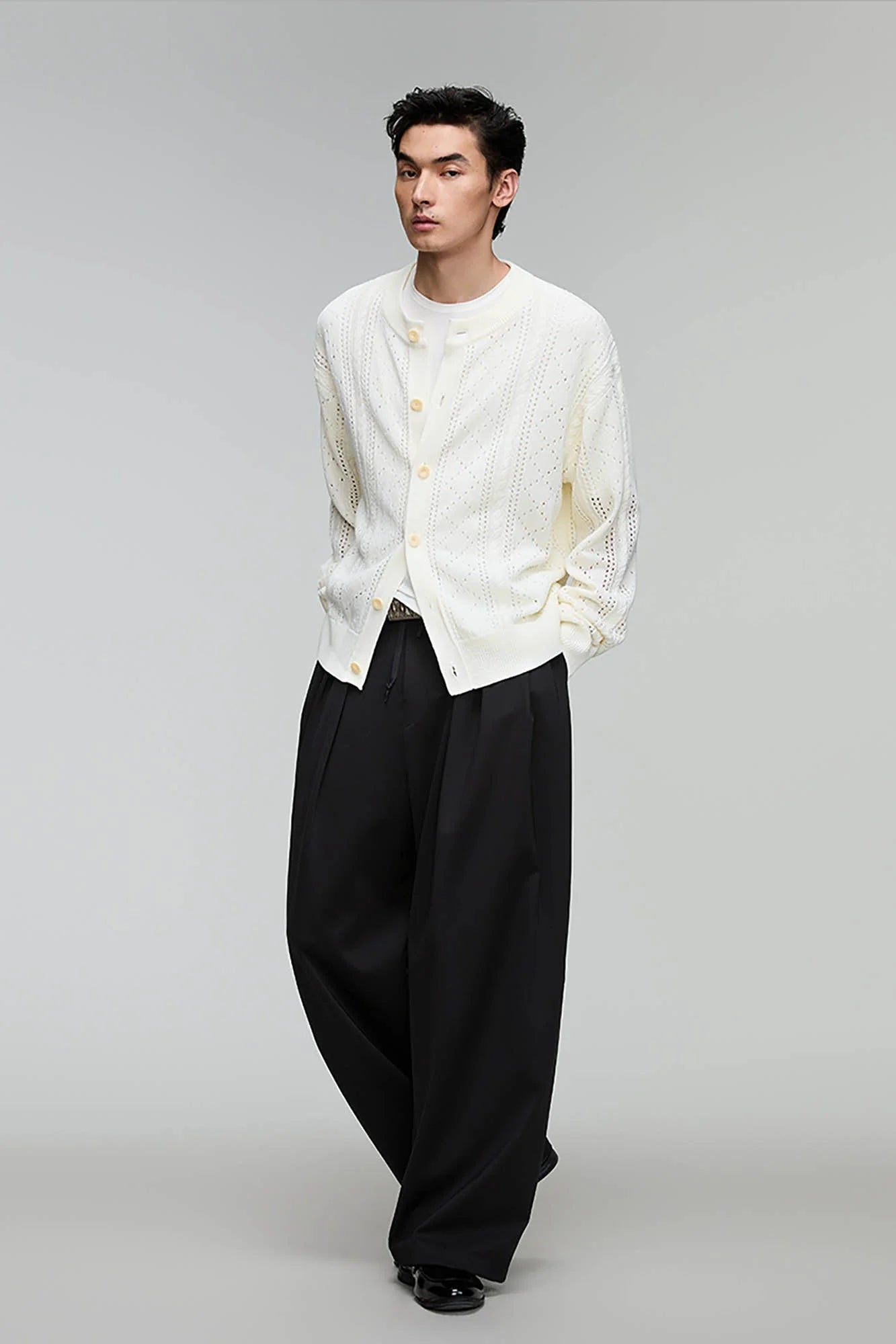 OPICLOTH Eyelet Knit Button-Up Cardigan