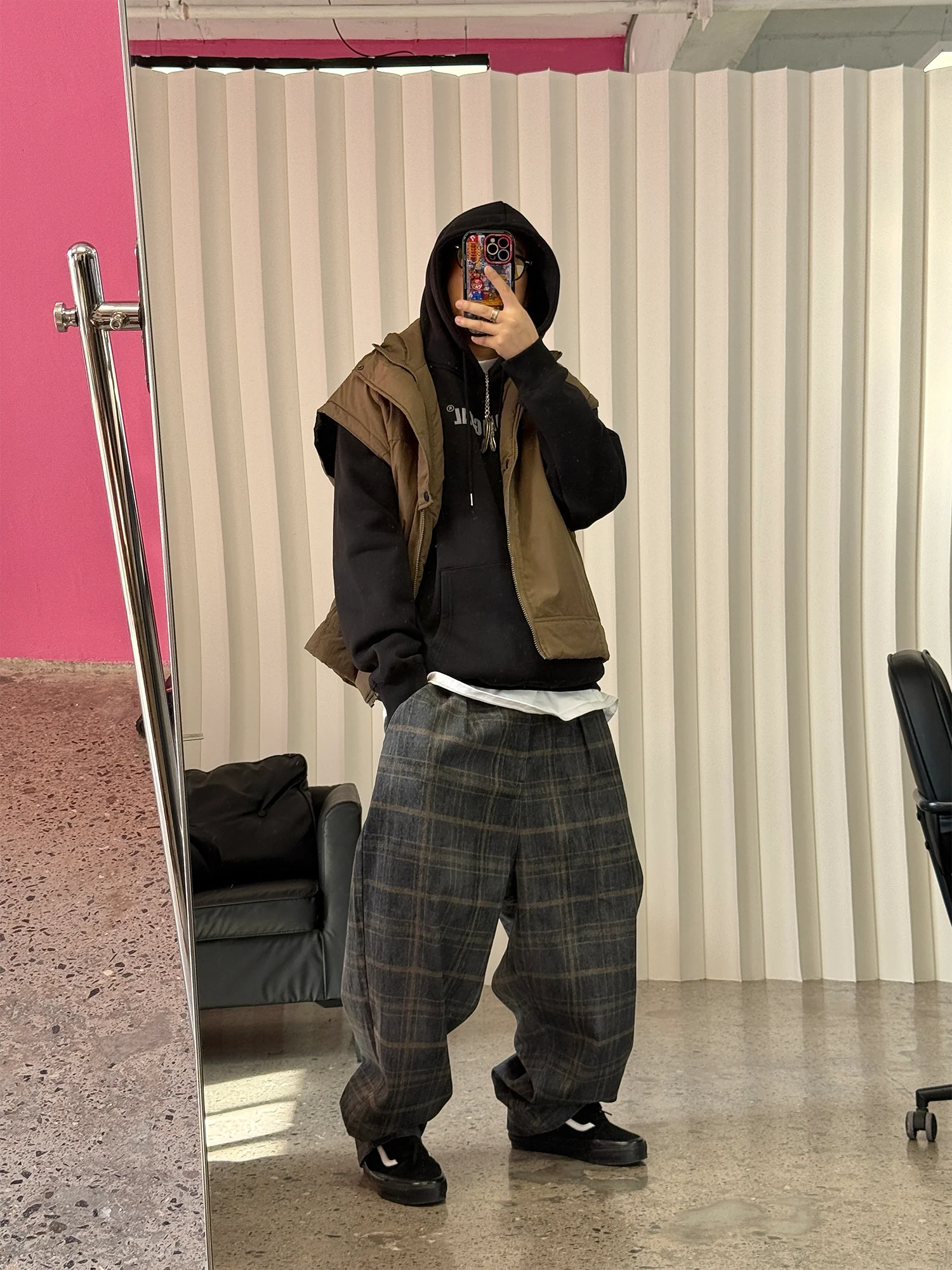 ME DA IGUAL Washed Plaid Tappered Pants Coffee