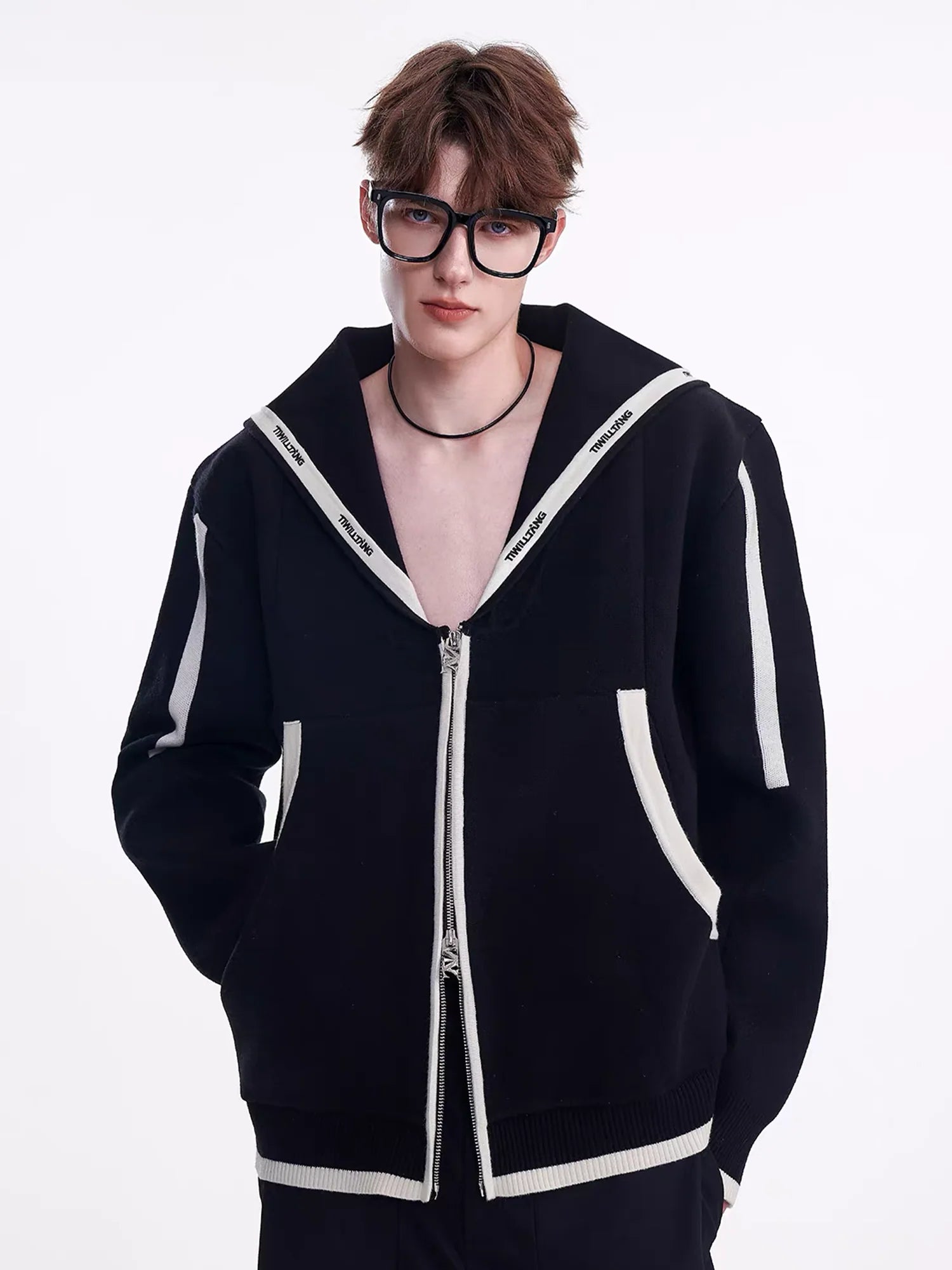 TIWILLTANG Contrast-Trim Sailor-Collar Jacket