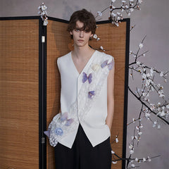 JIECHI Butterfly&Floral Asymmetrical Sheer V-Neck Vest