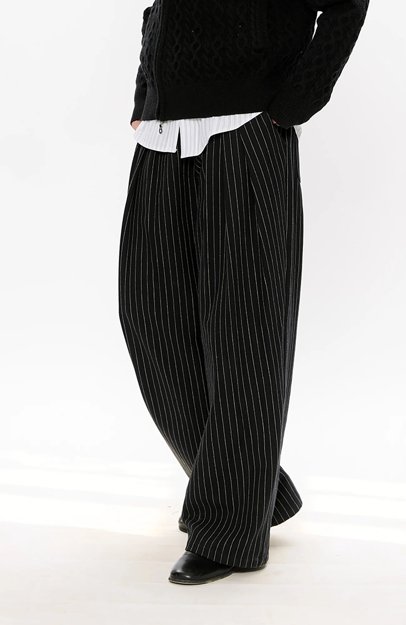 KREATE Pinstripe Pleated Draped Wide Trousers