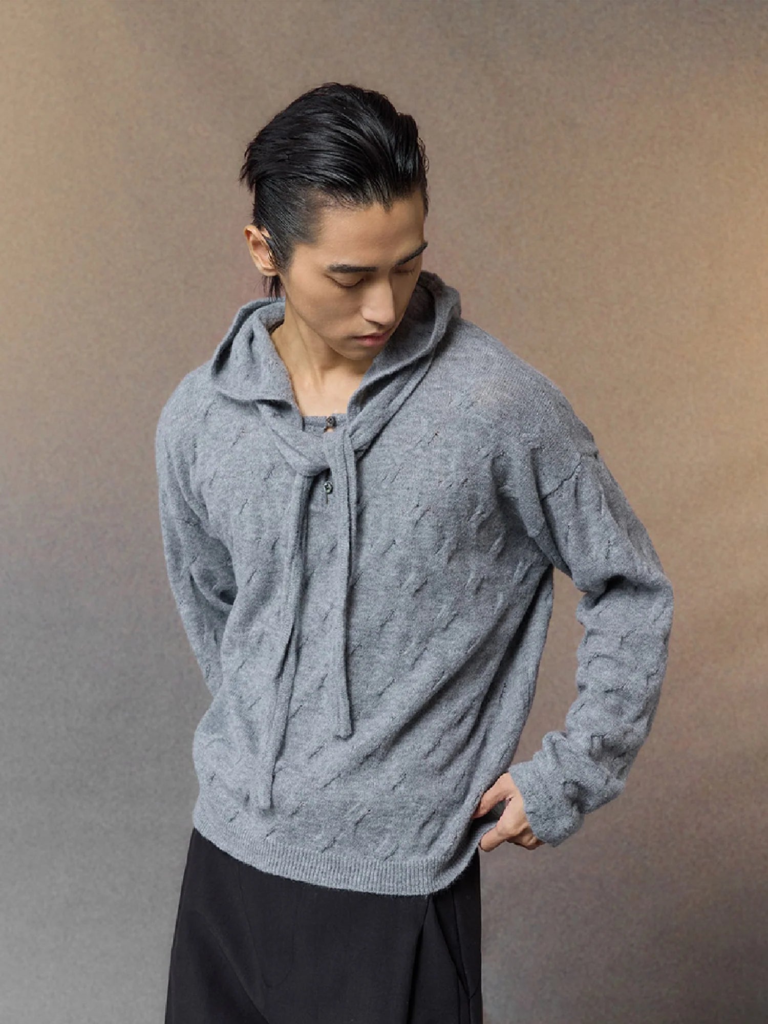 ALVNG AR ANTS Cable-Knit Tie-Neck Hooded Sweater