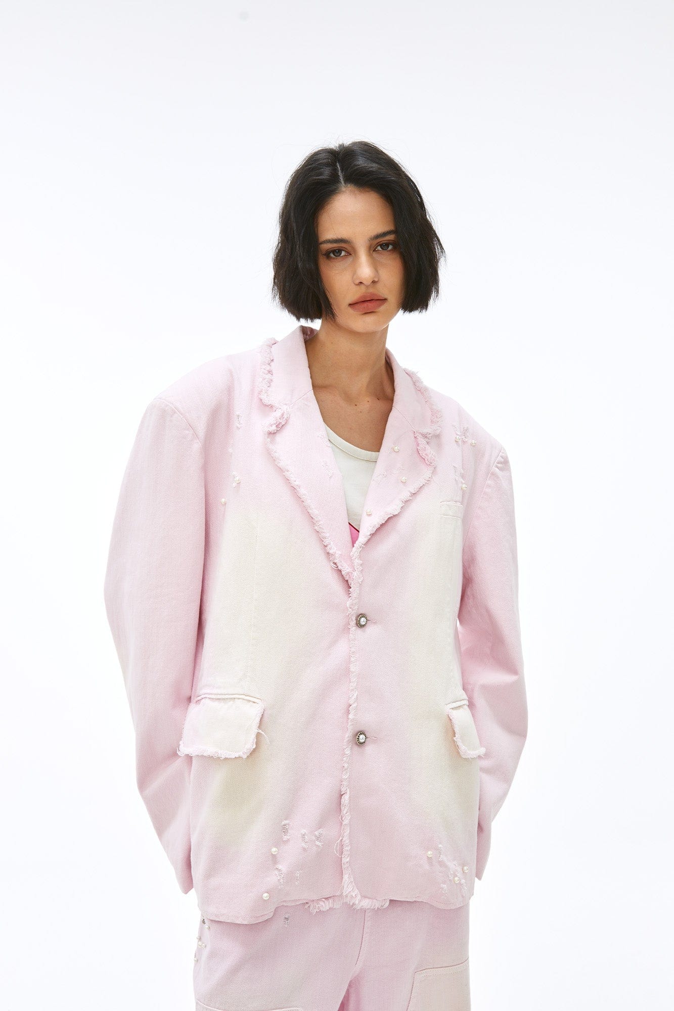 VANN VALRENCE Washed Beaded Frayed Denim Jacket