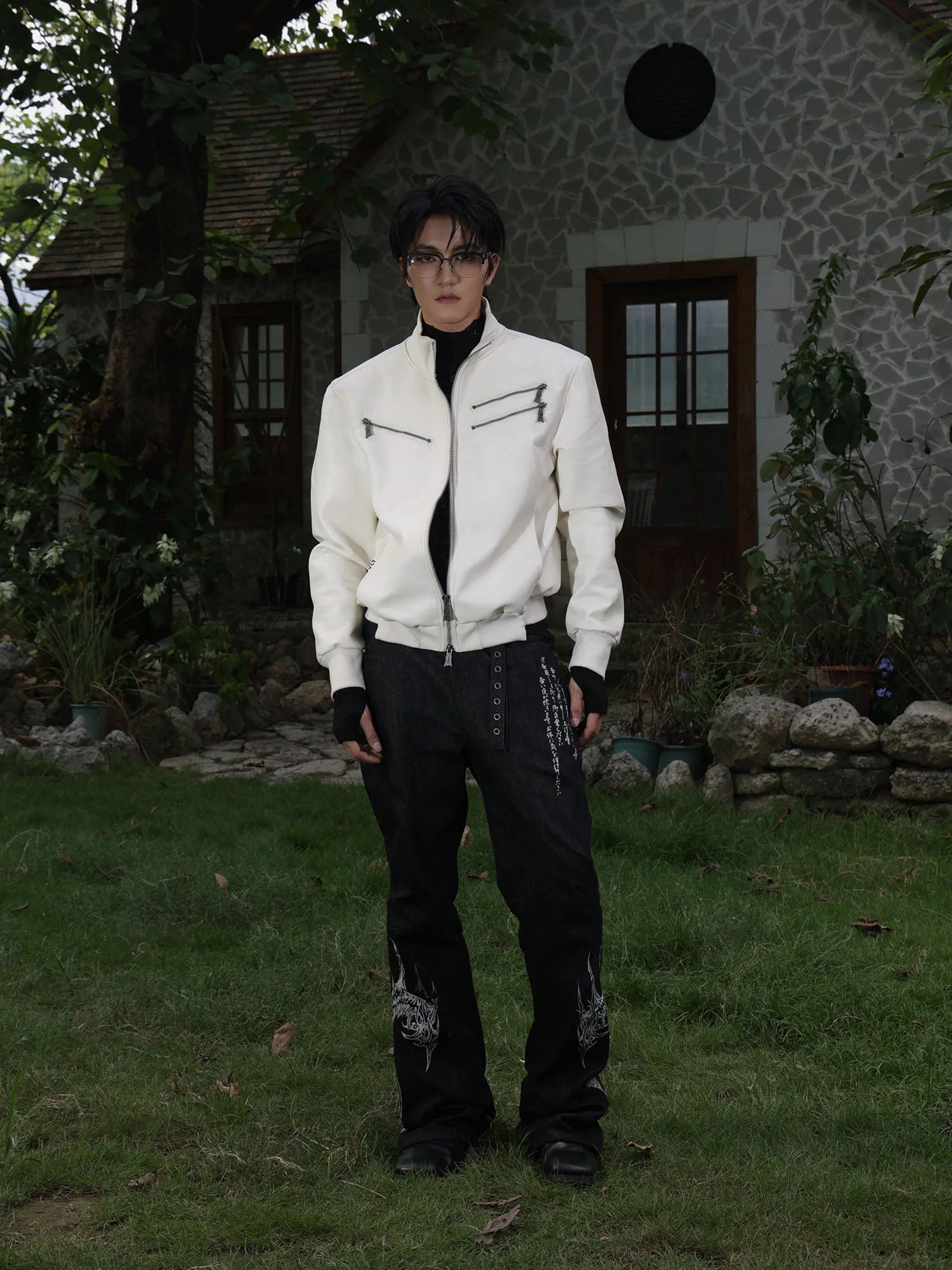 FLYERRER Thorned Eye Graphic Faux Leather Jacket