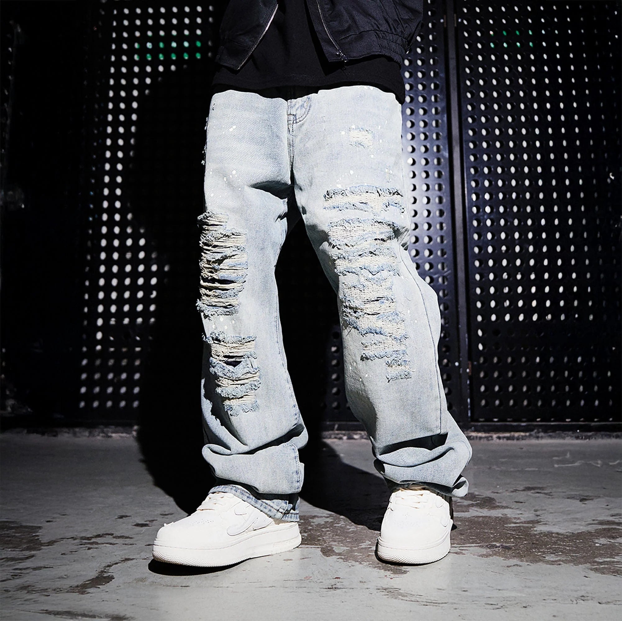BLACK8MOB Ripped Splatter Straight-Leg Jeans