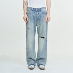 LEONSENSE Washed Ripped Frayed Straight-Leg Jeans