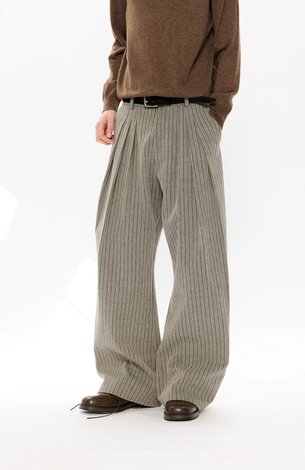 KREATE Pinstripe Pleated Draped Wide Trousers