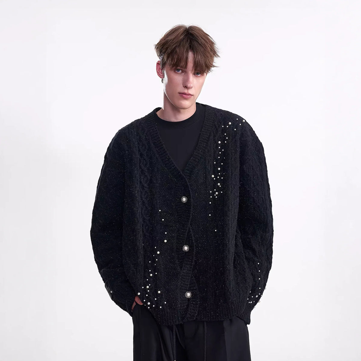 TIWILLTANG Pearl-Embellished Cable Knit Cardigan