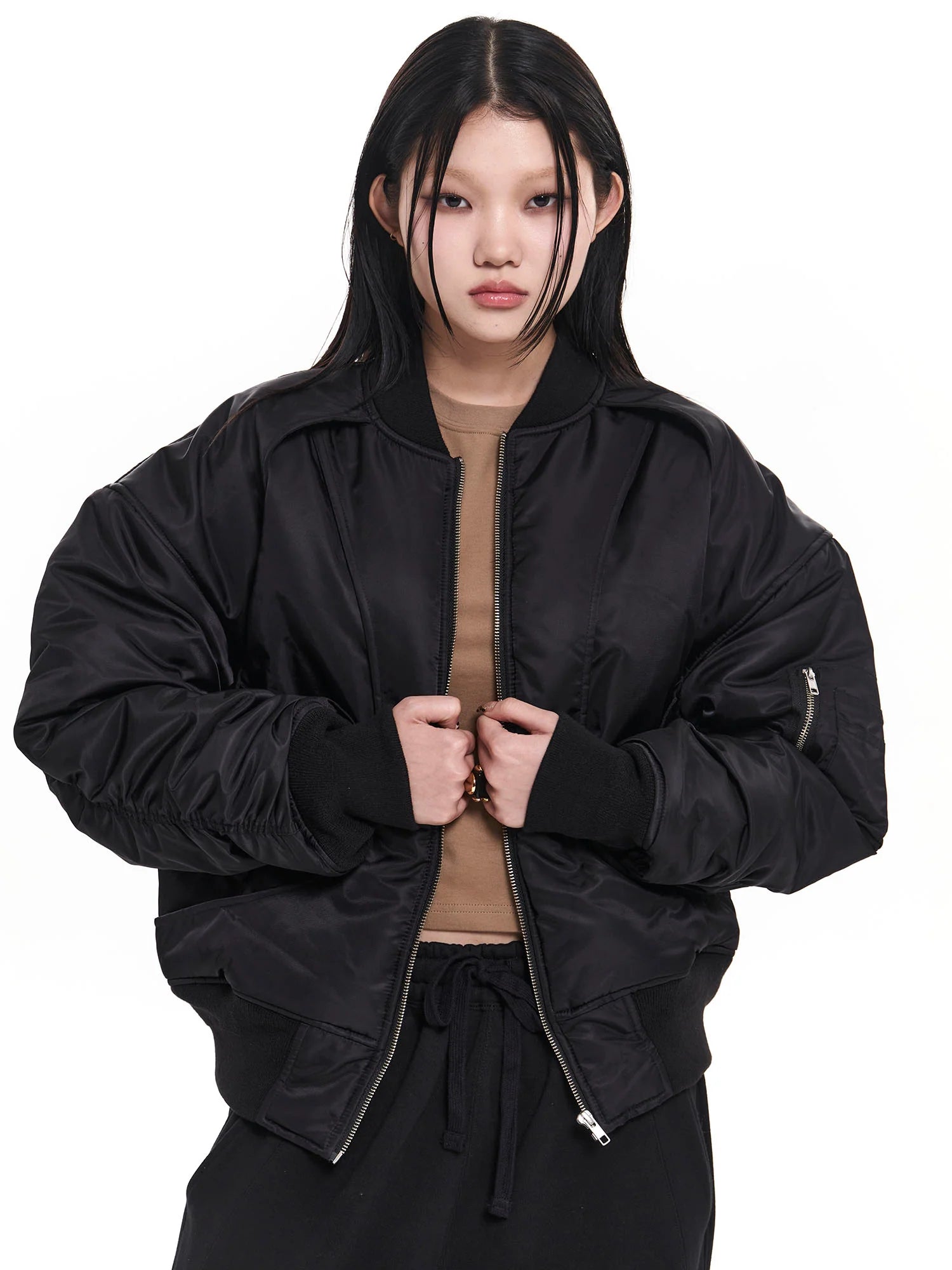 EGOFETCH Ruched Cropped Bomber Jacket