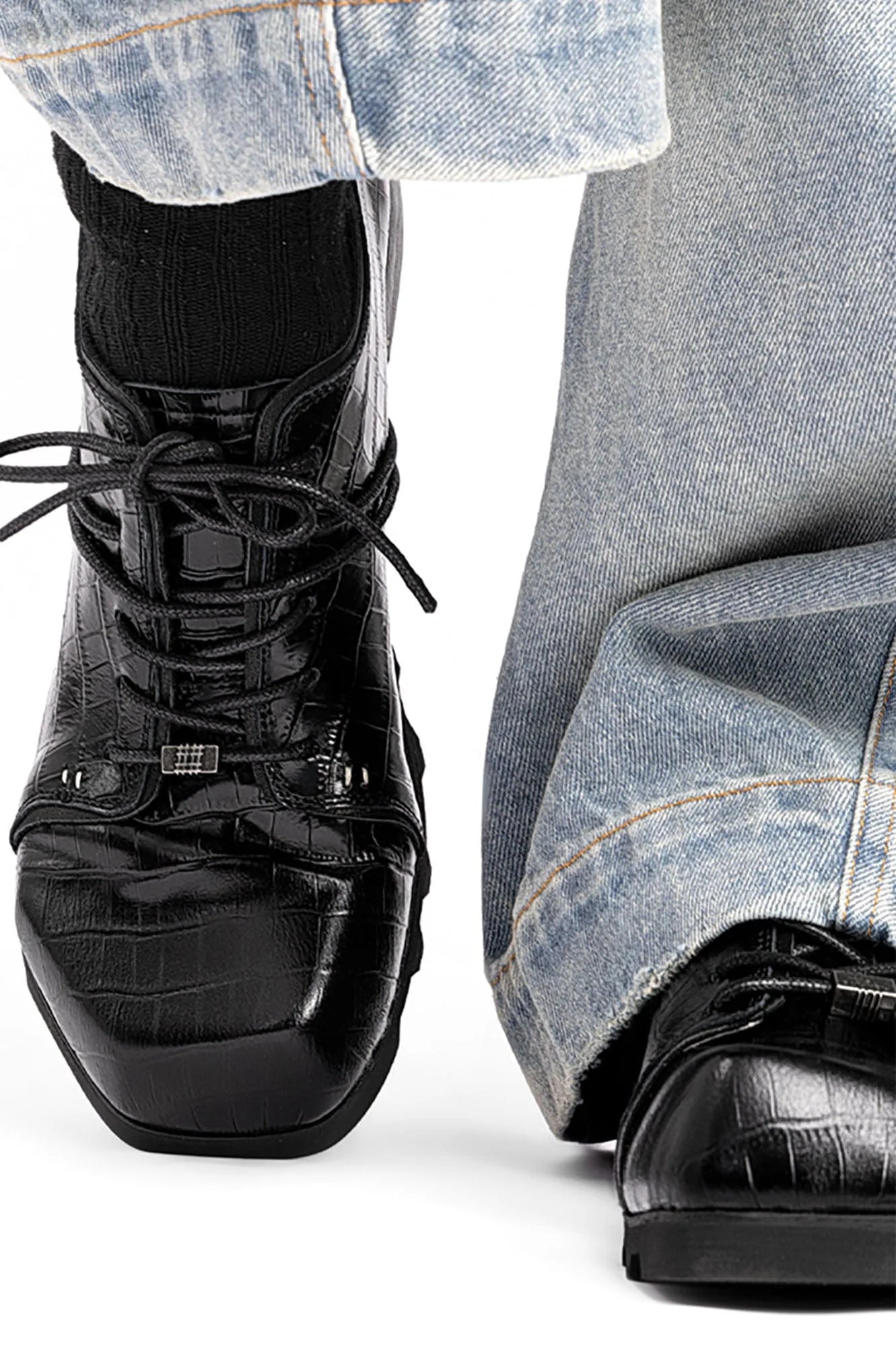 REWRITE Croc-Embossed Square-Toe Derby Shoes