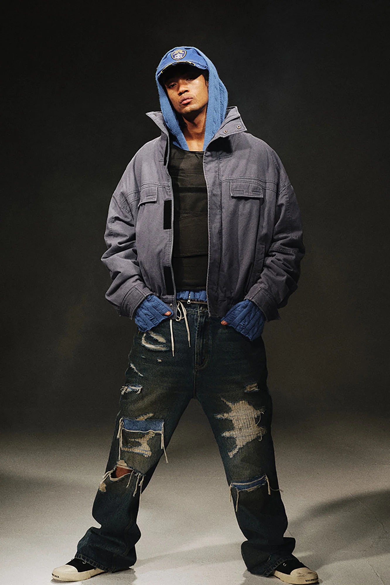 TRECLUB Washed Faux Fur Lined Bomber Jacket